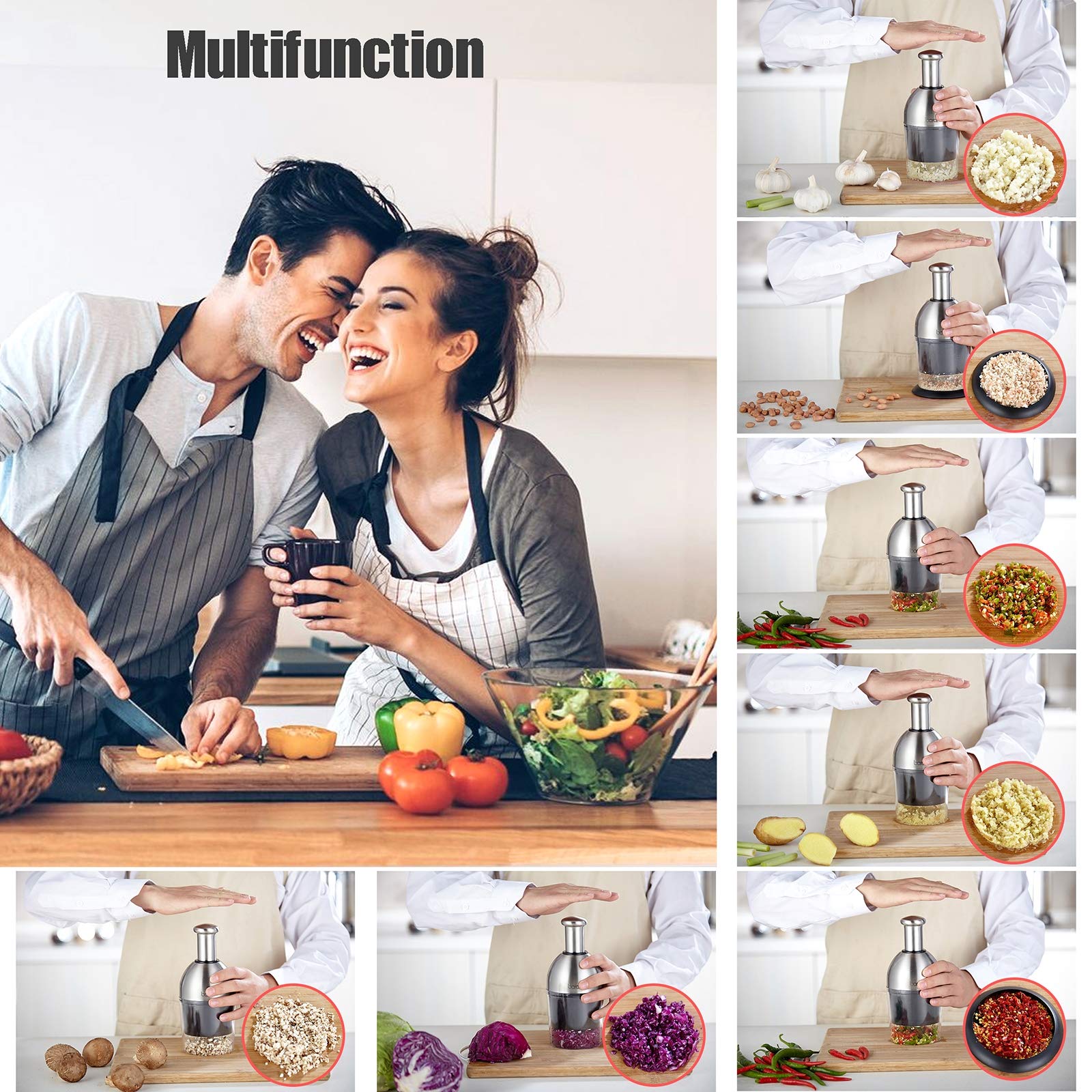Stainless Steel Manual Food Chopper - Garlic Crusher, Nut Chopper & Vegetable Cutter with Cleaning Brush | Perfect for Onions, Fruits, Herbs & Meal Prep | Kitchen Gadget for Easy Cooking & Healthy Eating