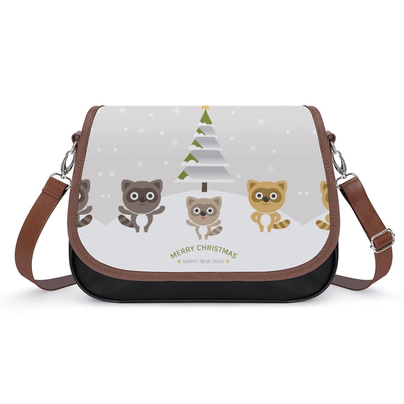 Stylish Leather Crossbody Bags for Women - Designer Shoulder Messenger Purse with Printed Flap (Christmas Raccoon Pattern) | Perfect for Daily Use, Travel & Holiday Gifts