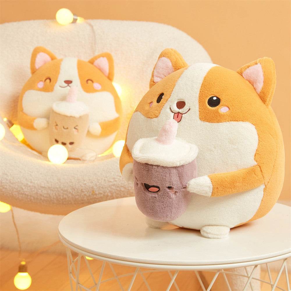 Adorable Boba Drinking Corgi Plush Toy - Cute Kawaii Stuffed Animal for Tea Lovers, Gift for Anime Fans & Home Decor (Perfect for Bedroom, Office & Gifts)