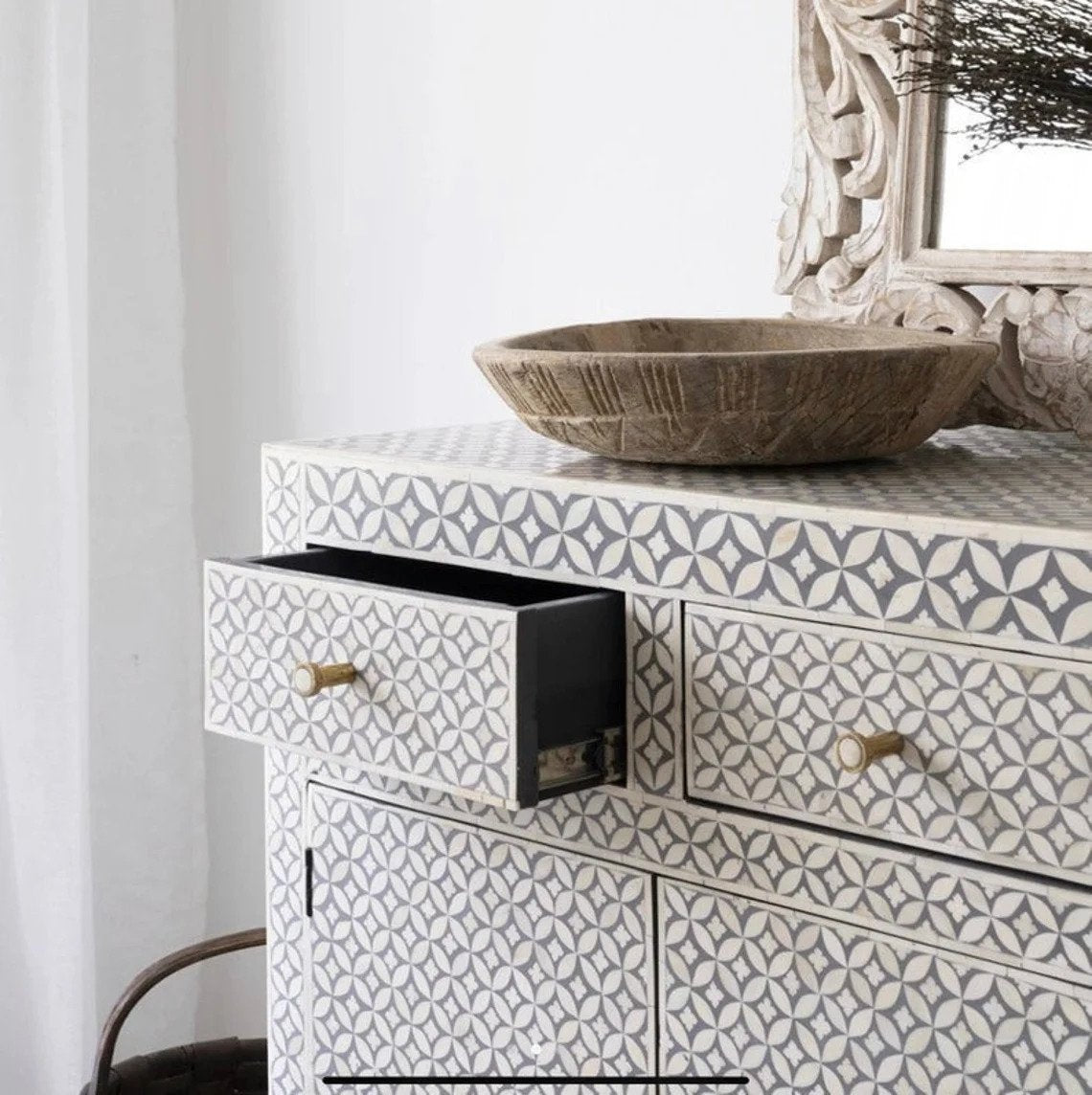 Handmade Bone Inlay Geometric Design 4-Door 4-Drawer Sideboard Buffet - Stylish Storage for Dining Room, Living Room & Entryway