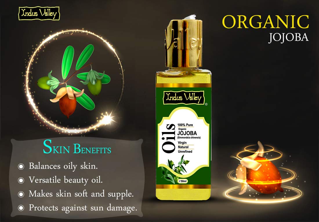 100% Pure Cold Pressed Jojoba Carrier Oil - 50ml | Natural Skin & Hair Moisturizer for Face, Body & Scalp | INDUS VALLEY | Ideal for Massage, Aromatherapy & DIY Beauty Recipes