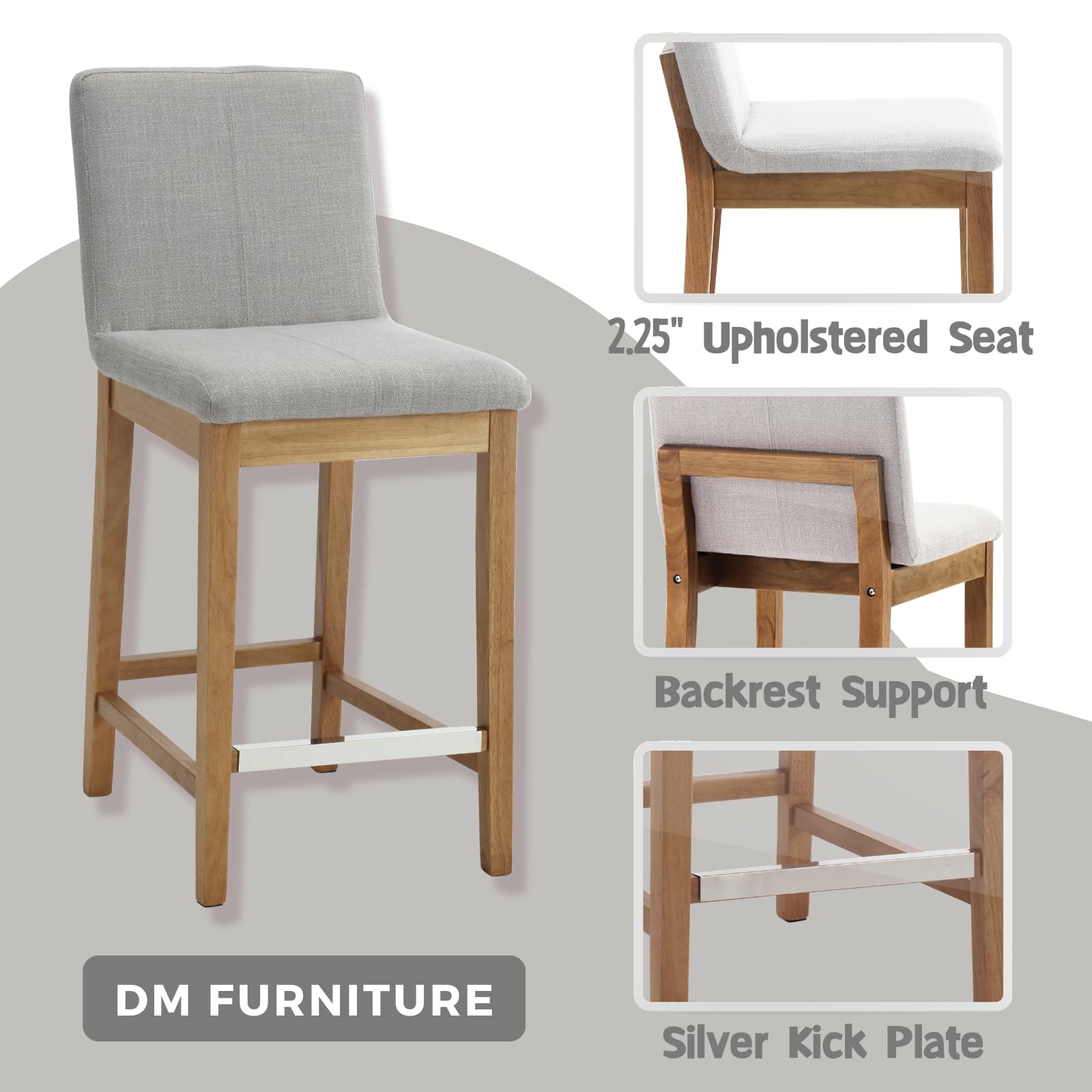 Set of 4 Mid-Century Modern Counter Stools - 26 Inch Height with Linen Upholstery & Wood Frame - Perfect for Kitchen Islands, Home Bars, and Patio Dining - Light Grey Fabric Seating