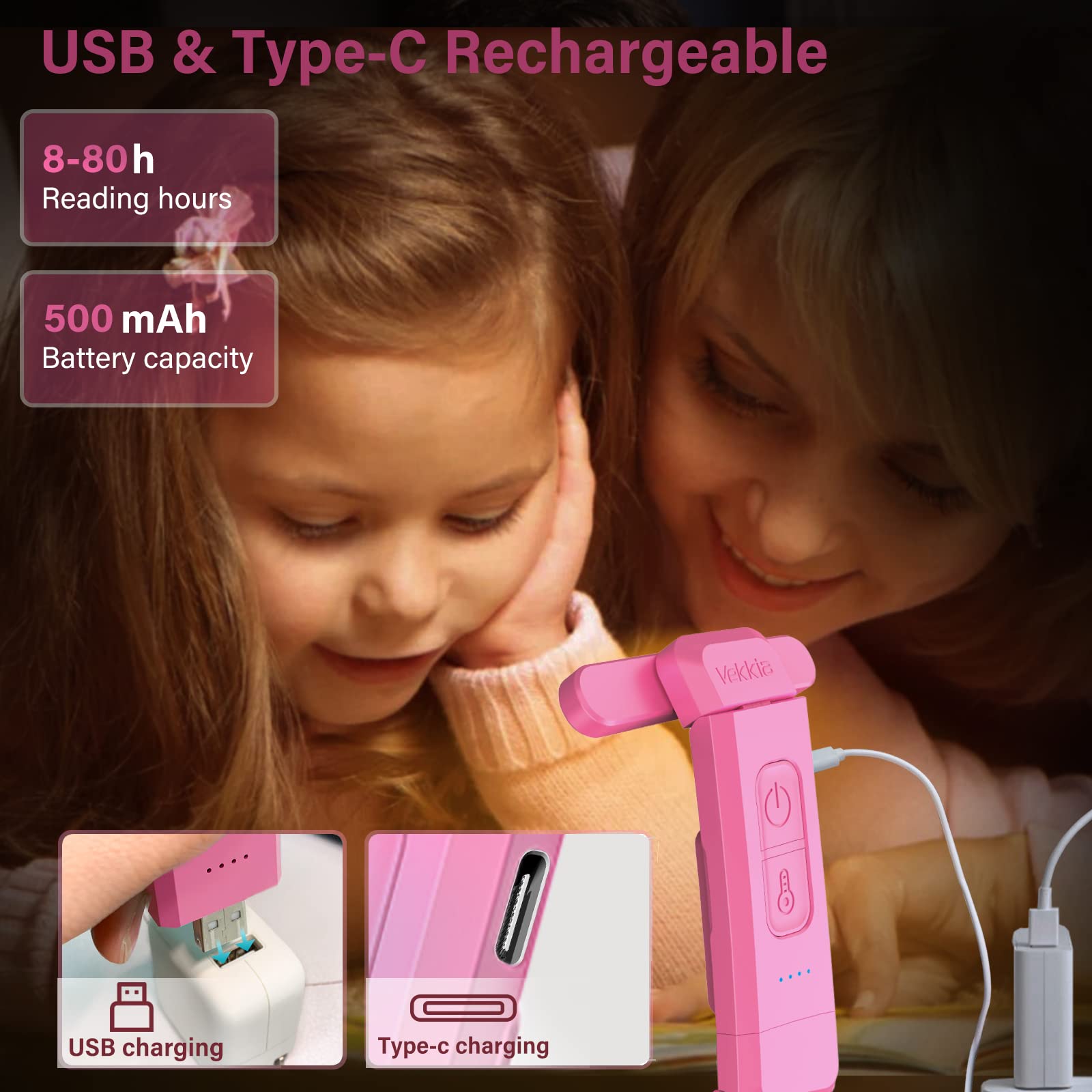Vekkia 10 LED USB Rechargeable Clip-On Book Light - 3 Color Modes & 5 Brightness Levels, Portable Reading Lamp for Bed, Night Reading, Travel, and Book Lovers (Pink)
