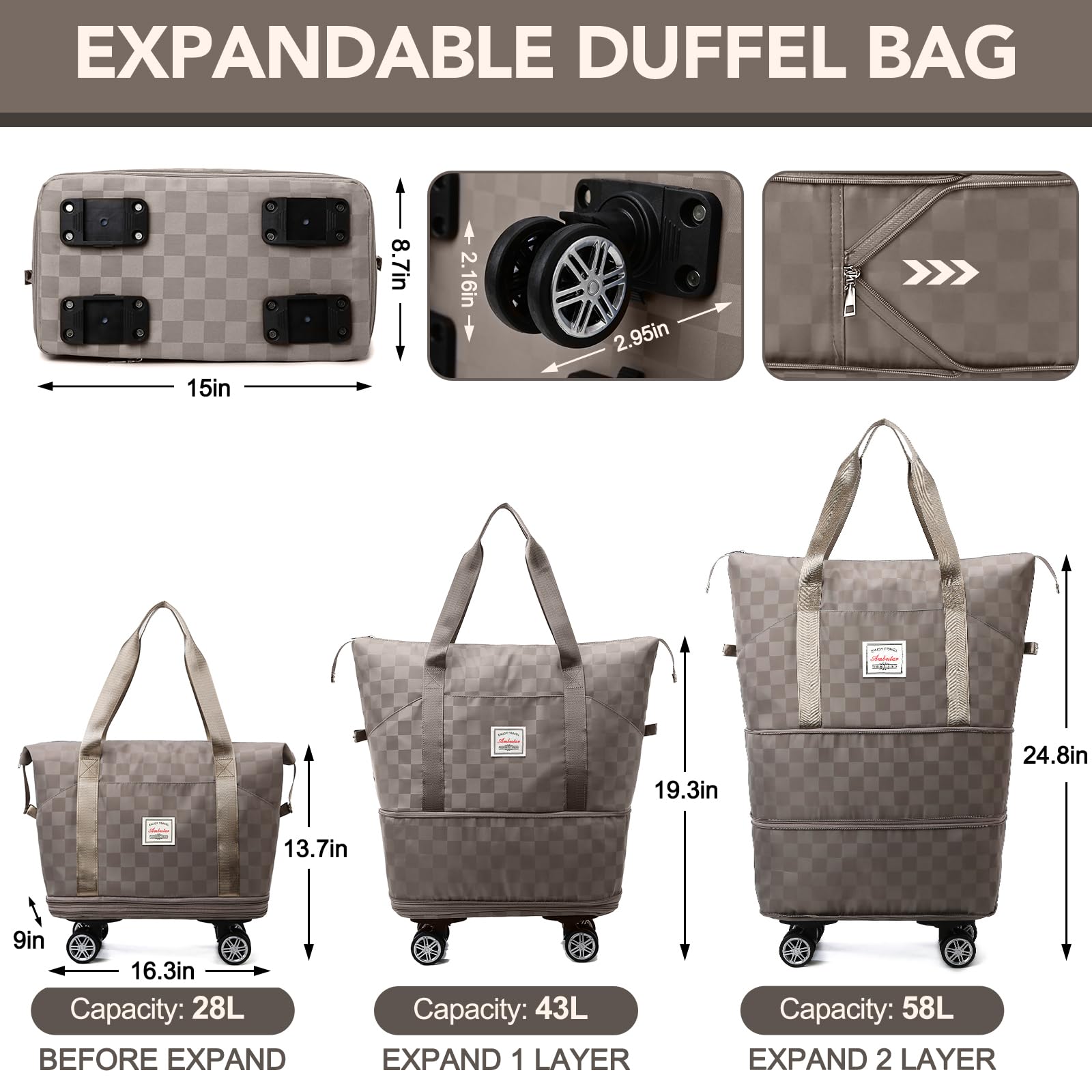 Foldable Travel Duffel Bag with Wheels - Expandable, Lightweight Carry-On Luggage for Women - Perfect for Air Travel, Gym, Weekend Trips & Outdoor Adventures