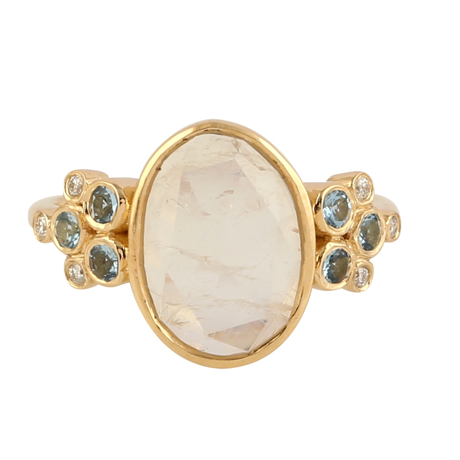 Moonstone Bezel Aquamarine Gemstone Pave Diamond Designer Gold Ring | Elegant Jewelry for Weddings, Anniversaries & Special Occasions
