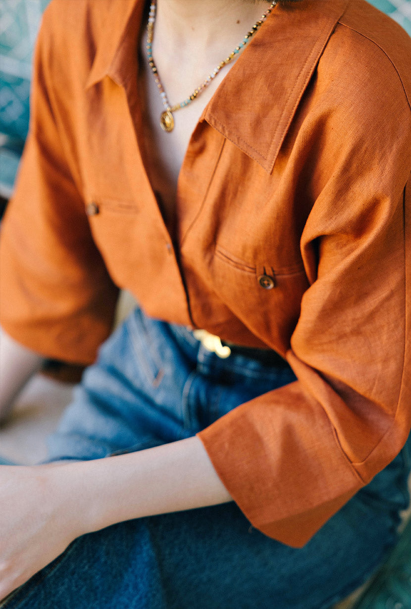 Antoine Linen Blouse in Ginger Color - Women's Elegant Casual Shirt for Office, Summer & Travel