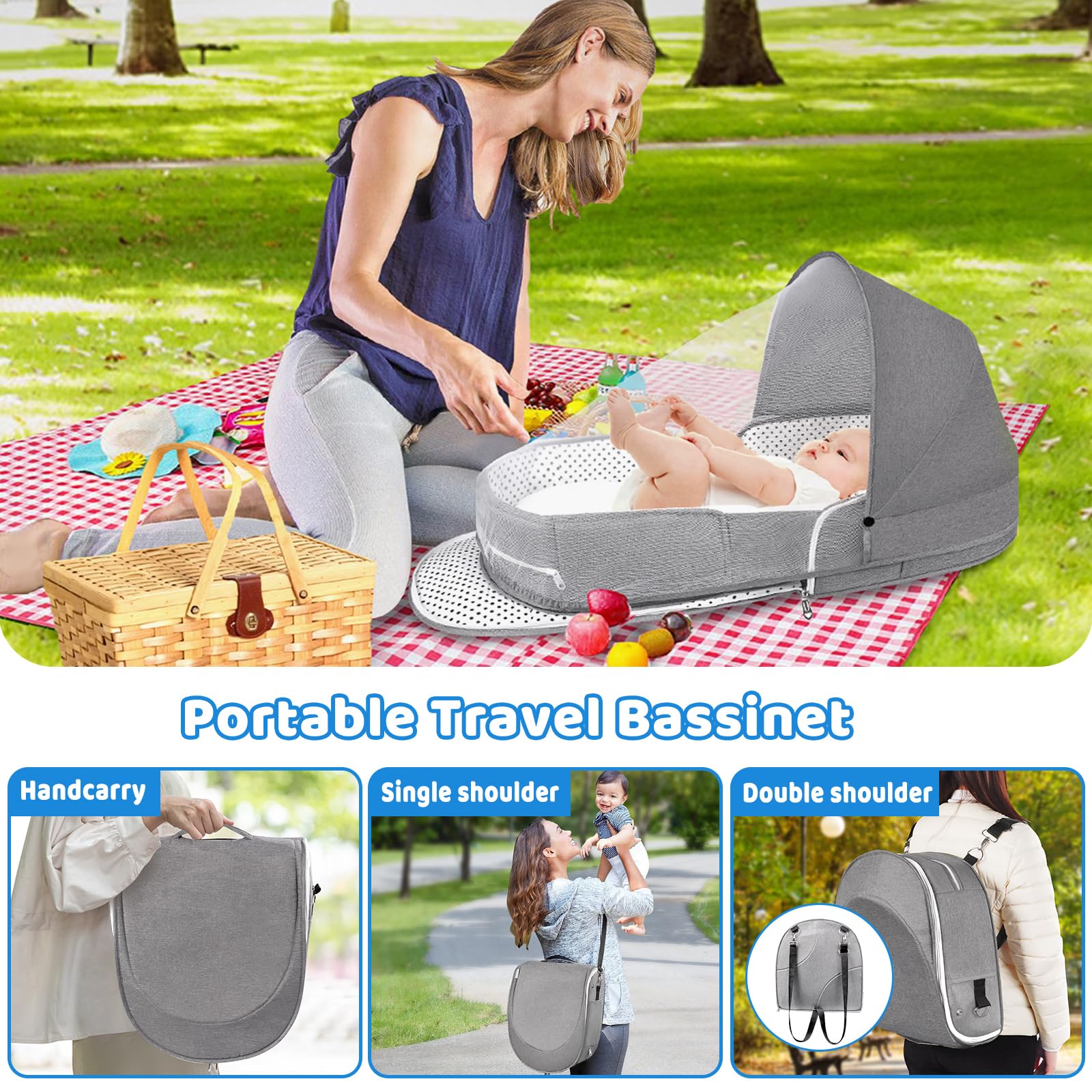 Portable Travel Bassinet for Baby - Foldable Lightweight Infant Bed with Mosquito Net & Canopy | Newborn Sleeping Solution for Home, Travel & Outdoor Adventures