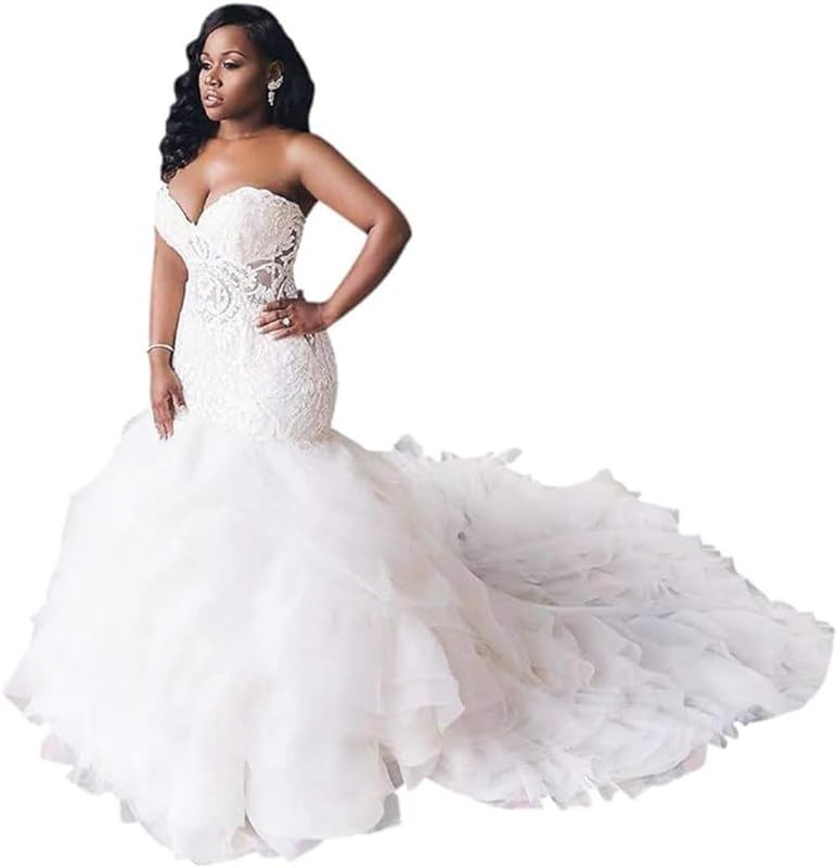 Sweetheart Plus Size Wedding Dress - Long Lace Applique Mermaid Gown for Brides | Perfect for Beach, Church & Formal Weddings