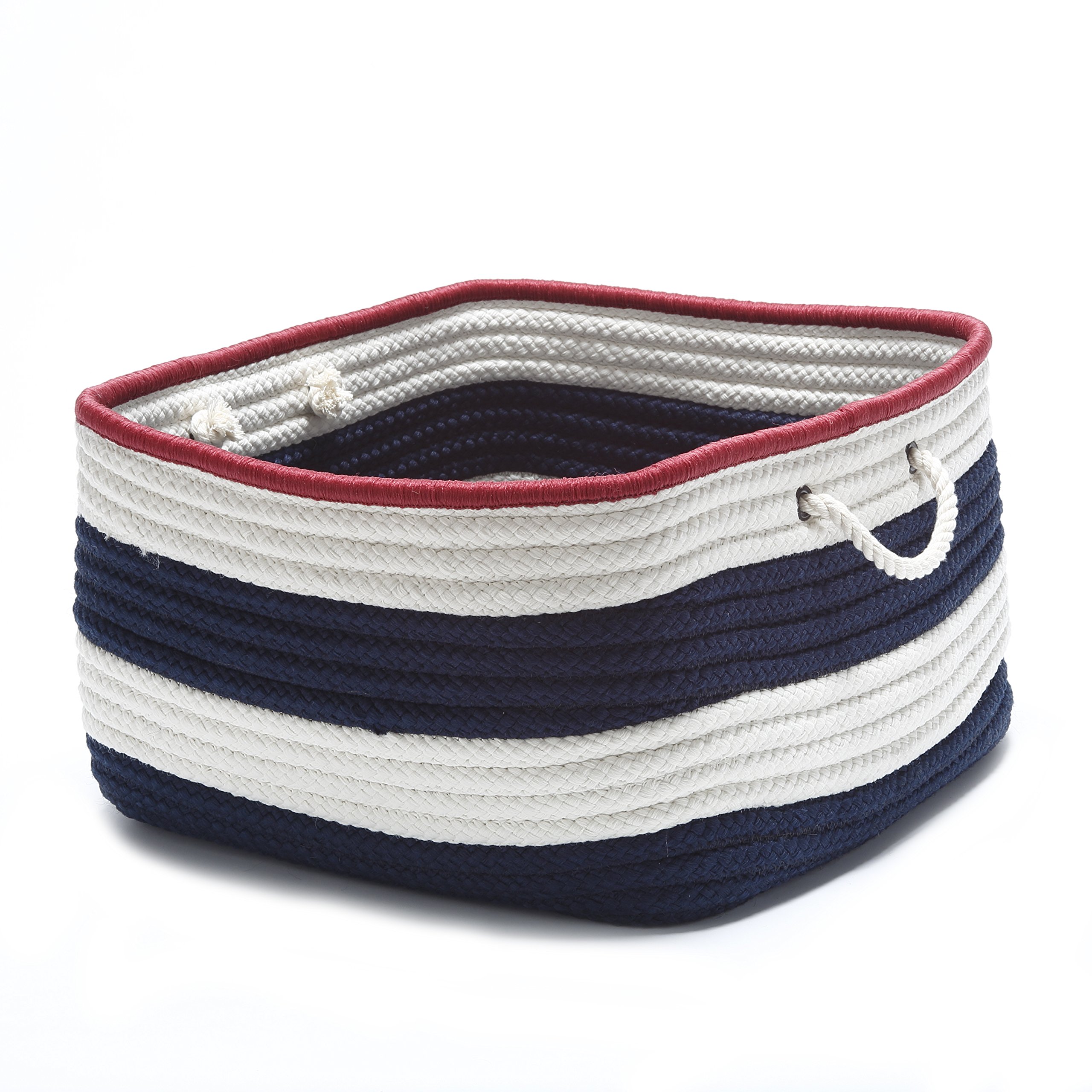 Nautical Stripe Storage Baskets - 14x14x10 Inch Woven Seagrass Basket with Handles - Navy & Red Decorative Organizer for Home, Nursery, or Office Storage | Perfect for Toys, Blankets, and Laundry