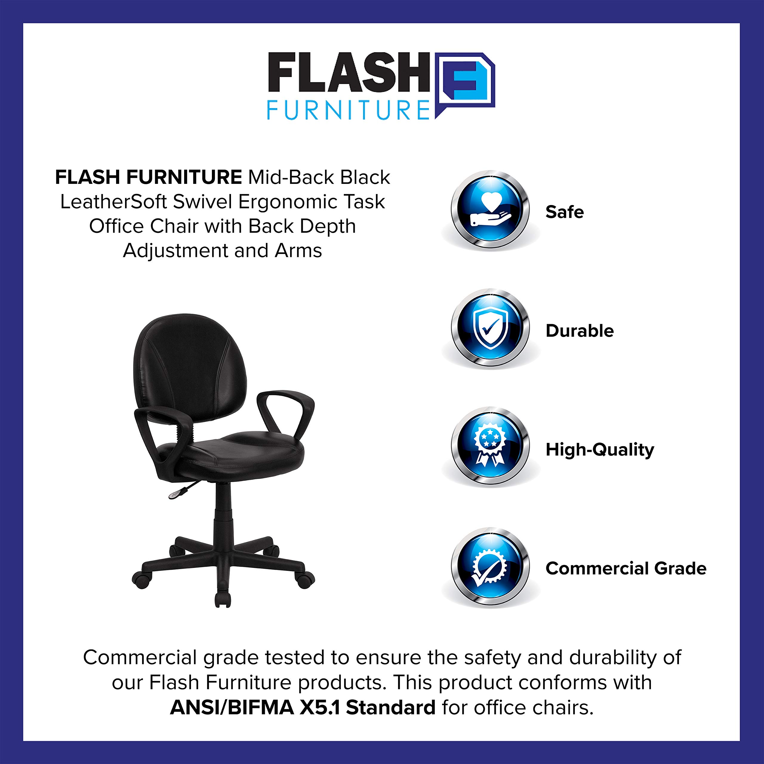 Flash Furniture Ronald Mid-Back Black LeatherSoft Swivel Ergonomic Office Chair with Adjustable Back Depth & Arms - Perfect for Home Office, Gaming & Workspace Comfort