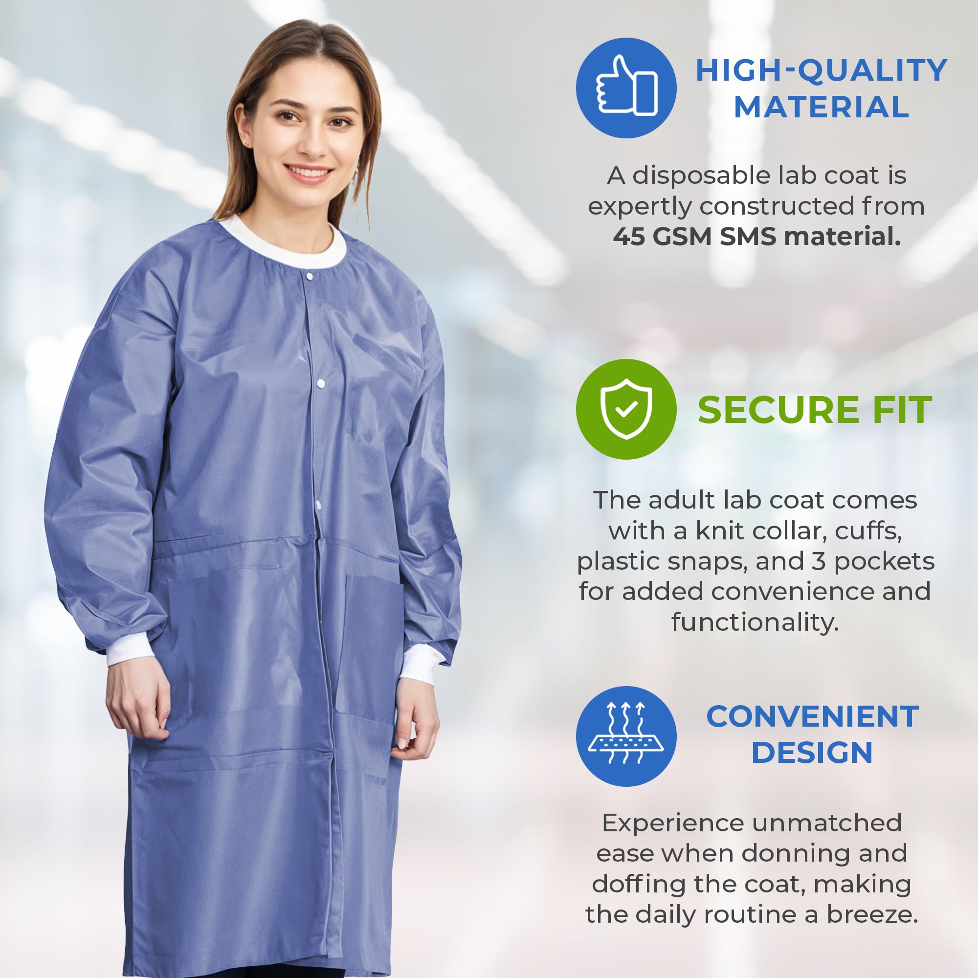 AMZ Disposable Lab Coats for Adults - Medium Size, Pack of 50 - Blueberry SMS Knee-Length Medical Lab Coats (45 GSM) with Cuffs, Knit Collar & 3 Pockets - Ideal for Medical, Dental, Painting & Laboratory Use