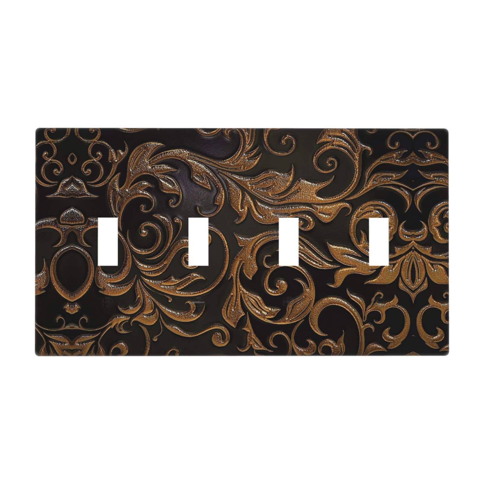 QIUWIOV Black Brass Print 4 Gang Toggle Light Switch Cover - Decorative Plastic Wall Plates & Outlet Covers for Electrical - Perfect for Kitchen, Bedroom, Living Room, and Office Decor