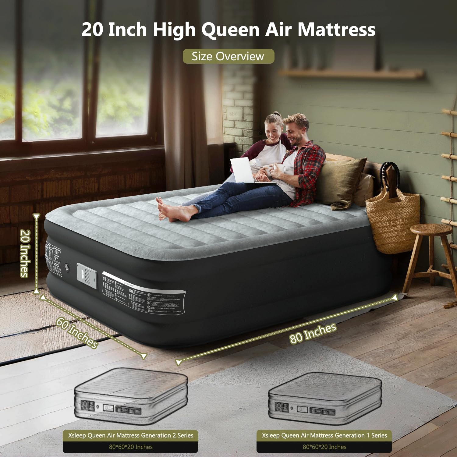 20 Inch Queen Air Mattress - Luxury Inflatable Bed with Push Button Start, Auto Stop & Quick 1-3 Minute Inflation/Deflation - Perfect for Camping, Guest Beds & Indoor/Outdoor Use (Grey & Black)