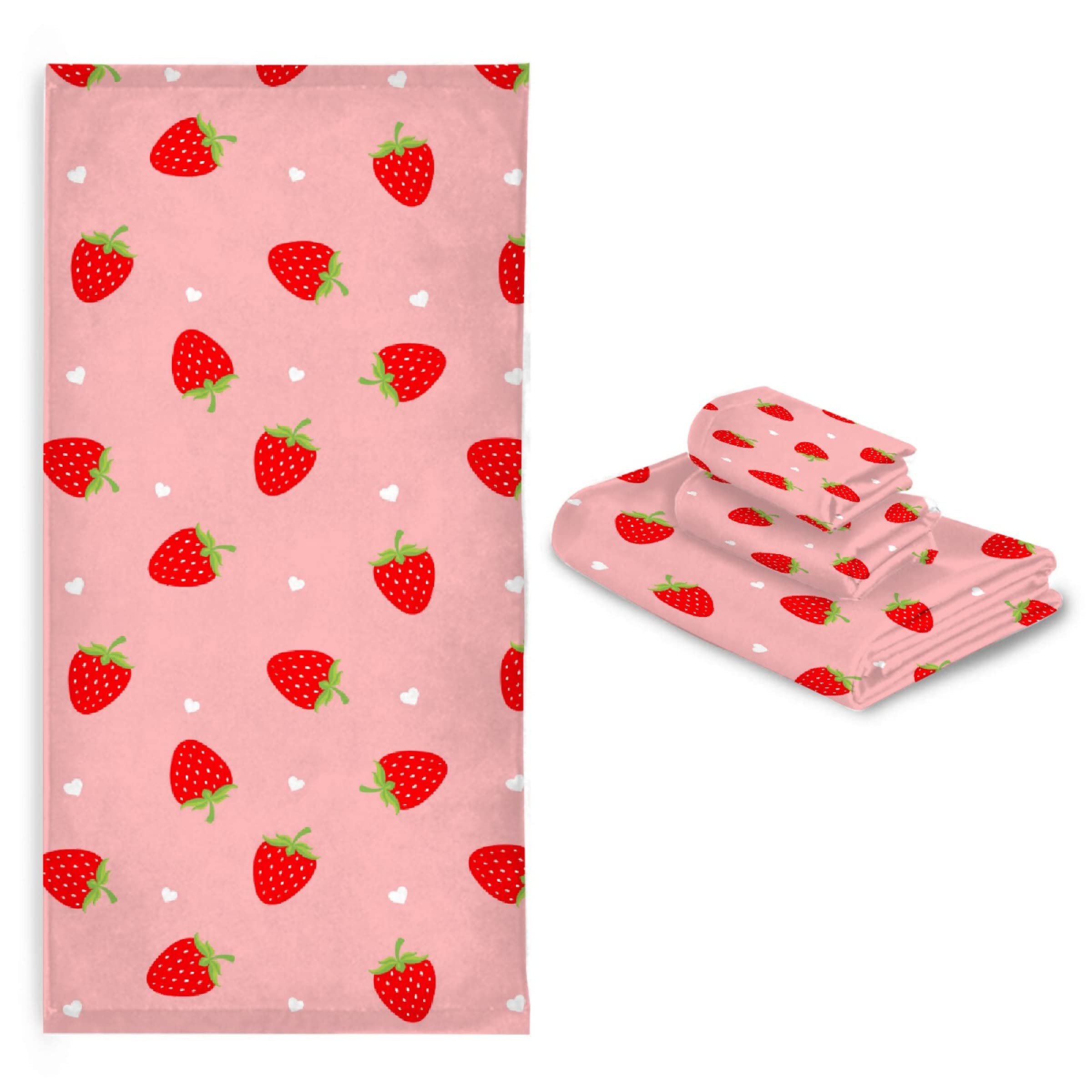 Premium Strawberry Towel Set - Soft 3-Piece Bathroom Towels (1 Bath Towel, 1 Hand Towel, 1 Washcloth) - Cute Fruit Decor for Women & Kids - Perfect for Bathroom, Beach, Gym & Gift Giving
