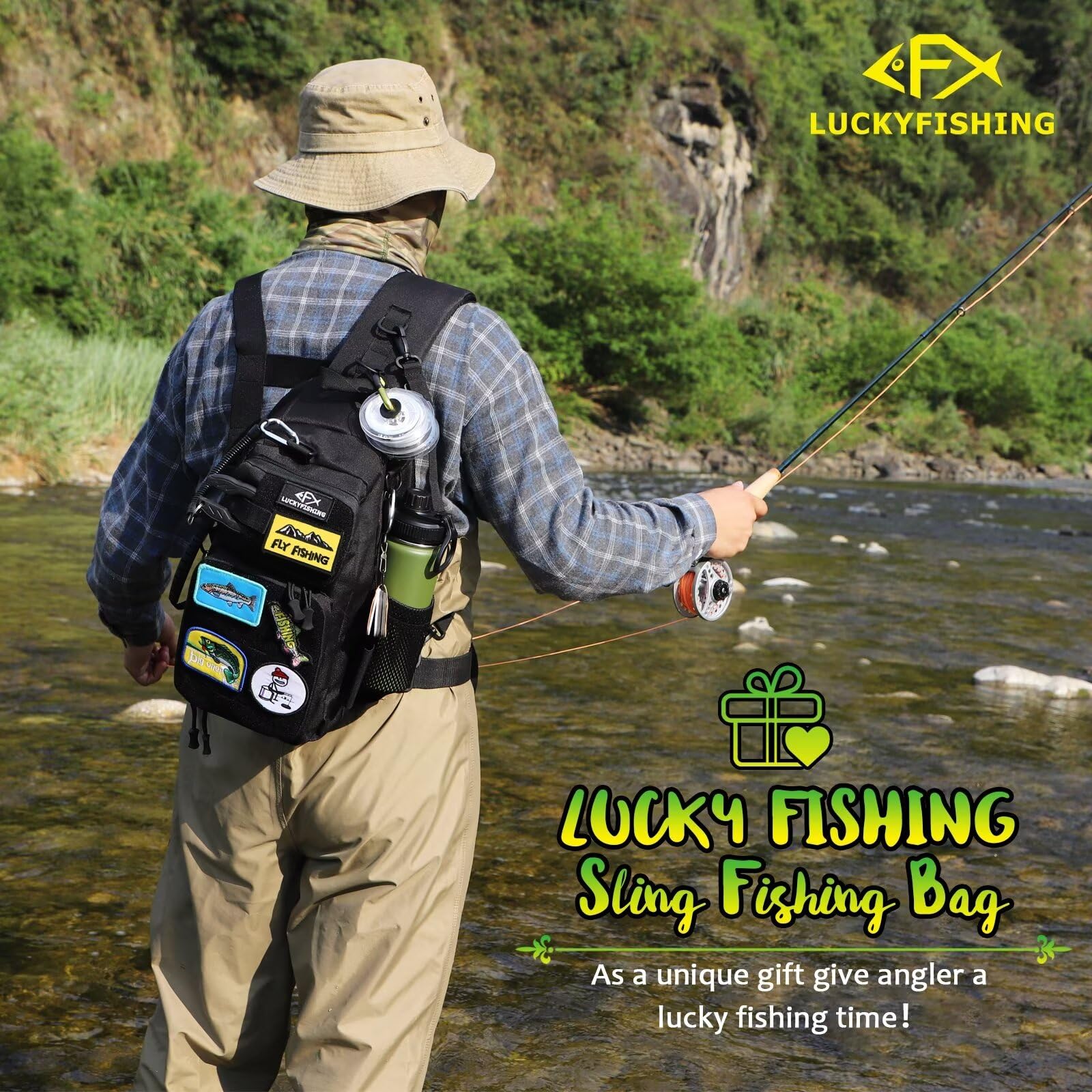 Lightweight Fishing Backpack with 6PCS DIY Fish Embroidery Patches - Waterproof Sling Bag for Fly Fishing, Hiking & Outdoor Adventures