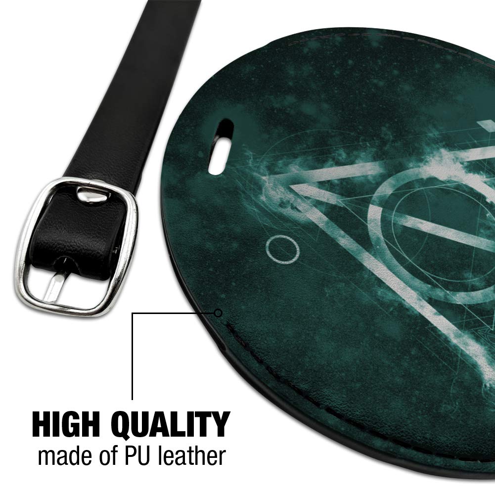 Harry Potter Deathly Hallows Logo Round Leather Luggage Tag - Personalized Carry-On ID Tag for Suitcases & Backpacks - Perfect for Travel, Cosplay & Harry Potter Fans