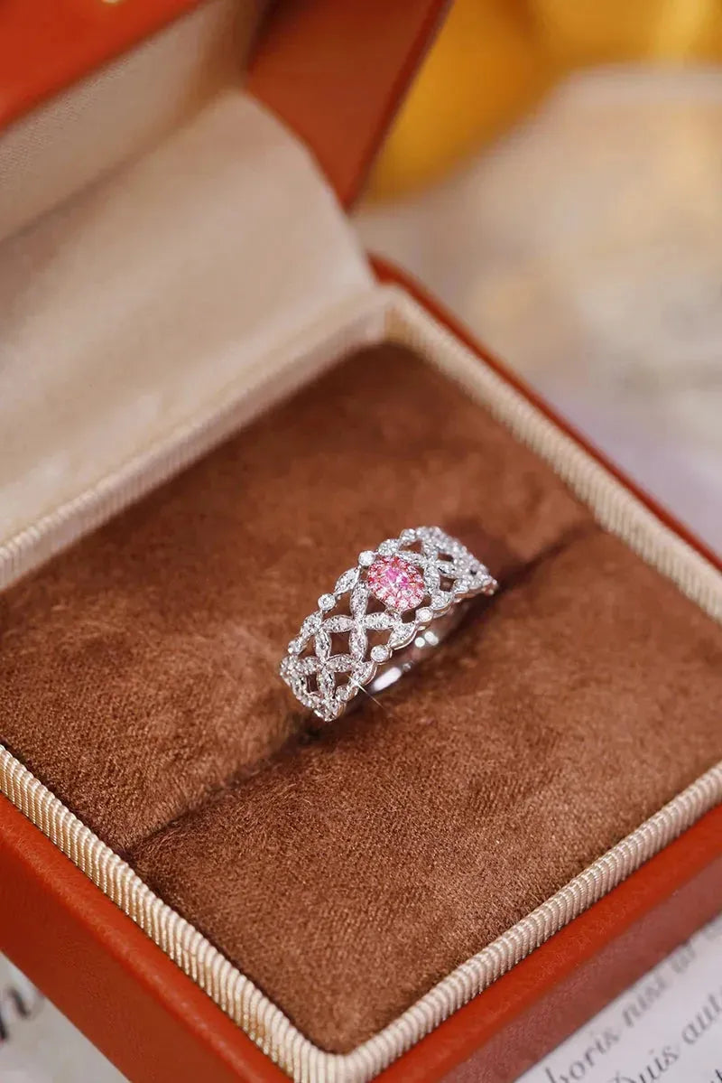 18K White Gold Romantic Hollow Out Lace Engagement Ring with Real Pink Diamond for Women - Perfect for Proposals, Anniversaries & Special Occasions