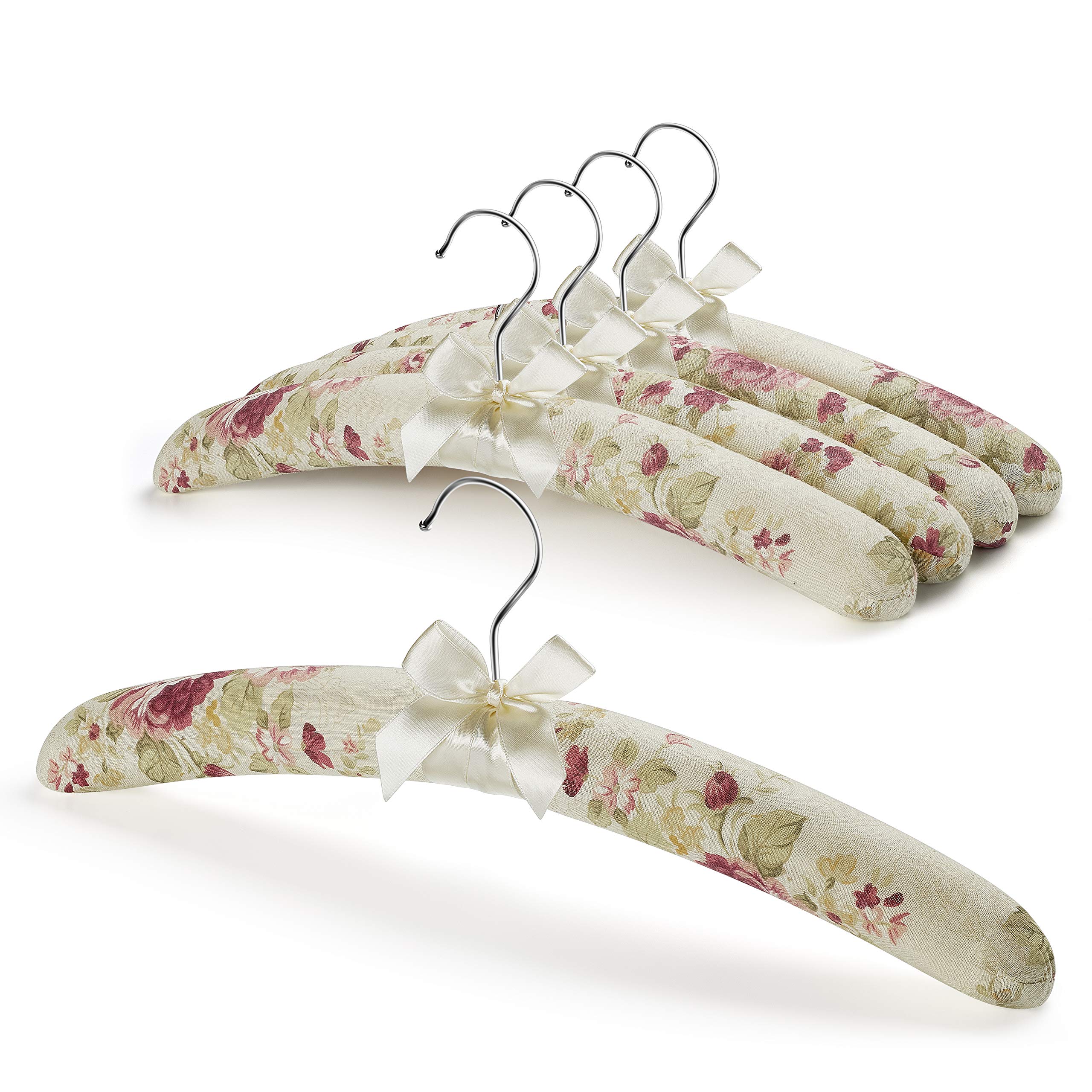 GLCON 16 Inch Satin Padded Hangers for Sweaters & Coats - Thick Foam Fabric Hangers for Women's Clothing - No Bump Fancy Canvas Covers - Perfect for Wedding, Bridesmaid & Delicate Garments (5-Pack) - Ideal for Closet Organization & Luxury Wardrobe Storage