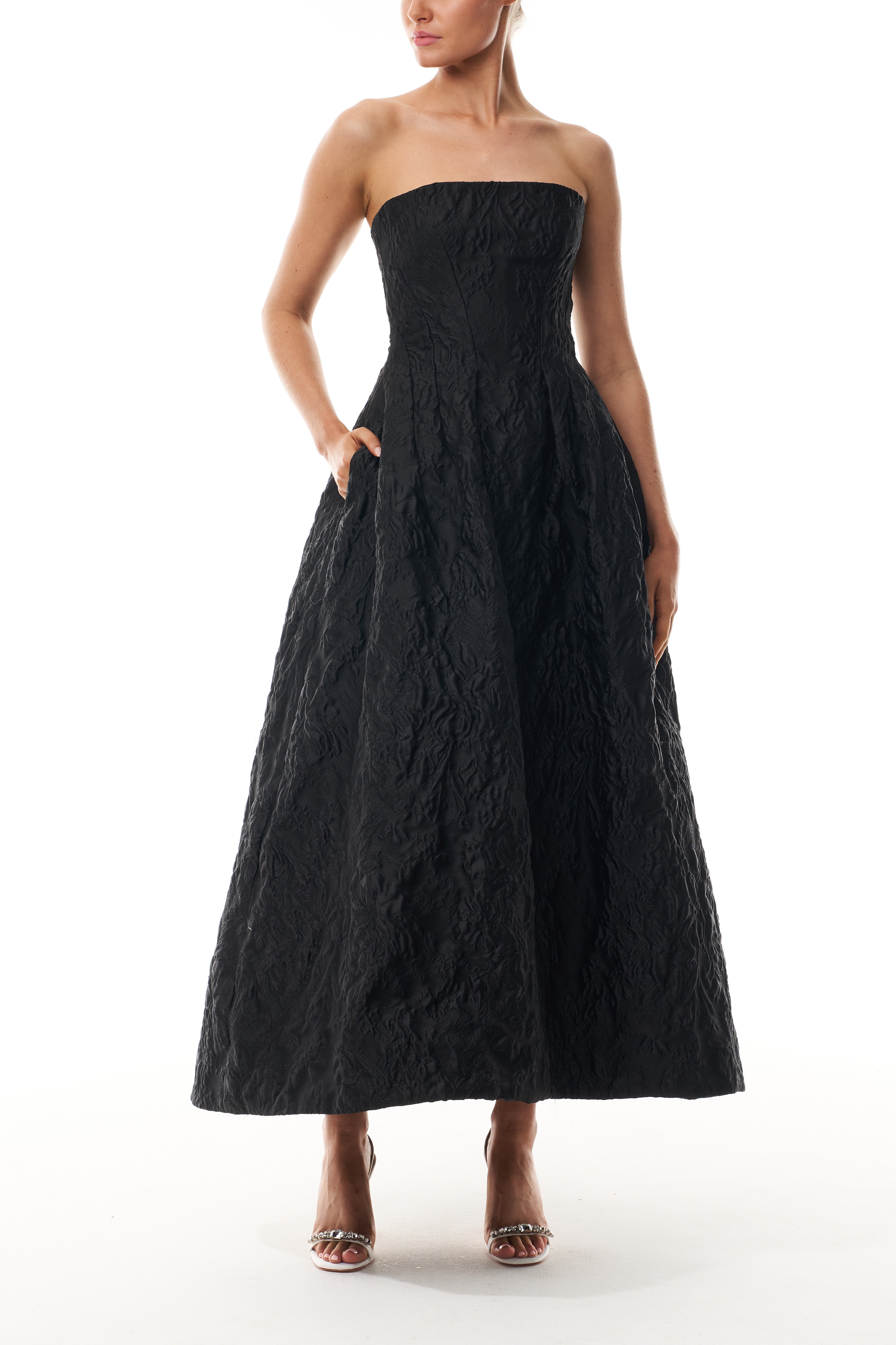 Elegant Noir Floral Jacquard Dress for Women - Vintage-Inspired A-Line Dress for Parties, Weddings & Special Occasions