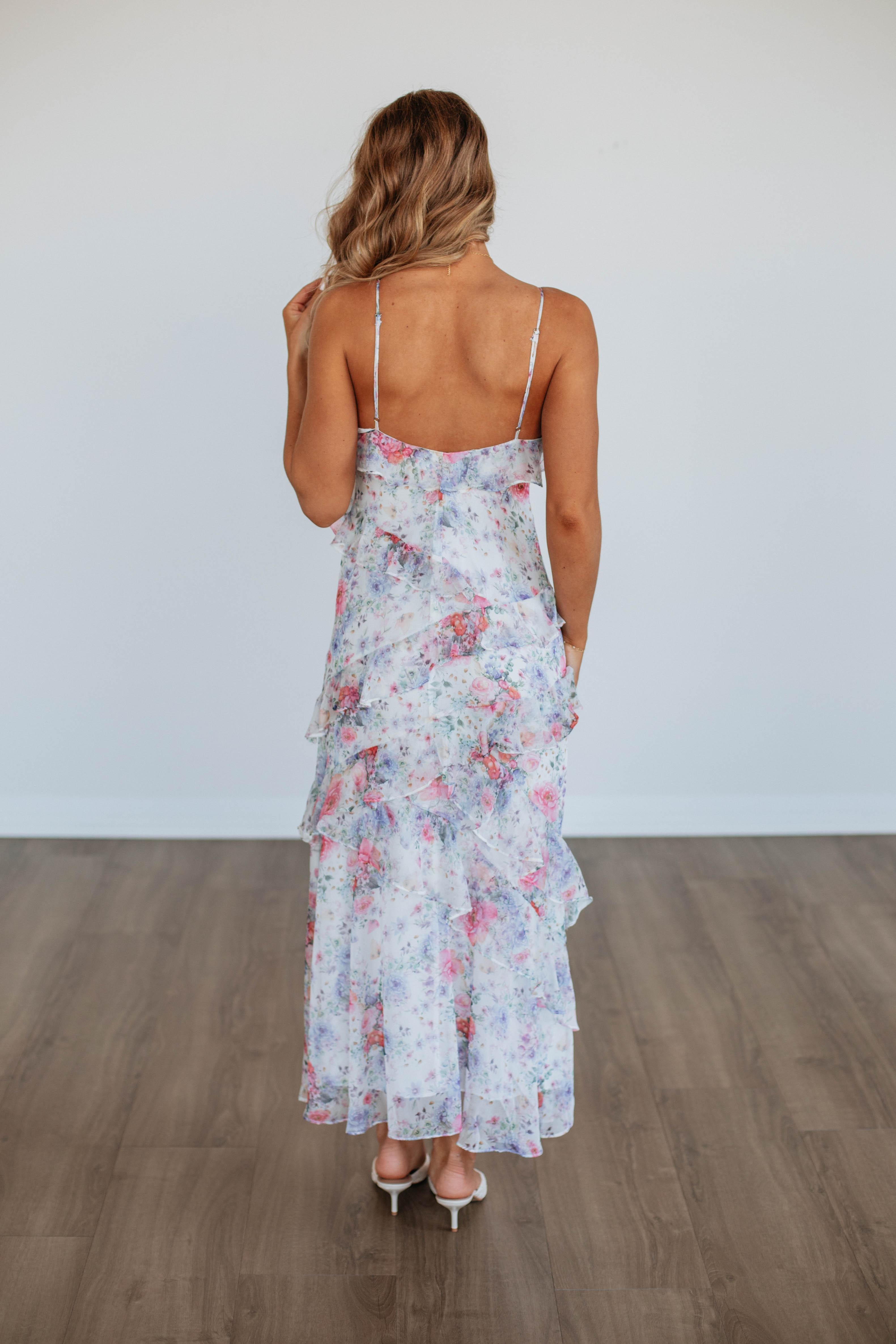 Alysha Floral Print Summer Dress for Women - Elegant Flowy Maxi Dress with V-Neck & Ruffle Sleeves - Perfect for Beach Vacations, Date Nights & Outdoor Parties