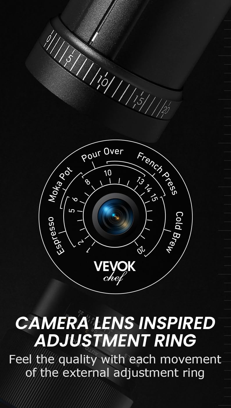 Premium Vevok Chef O20 Manual Coffee Grinder - 20 Adjustable Grind Settings, 35g Capacity, Titanium-Coated Stainless Steel Conical Burr, Portable with Travel Case & Cleaning Kit - Perfect for Home, Office, Camping & Travel Coffee Brewing