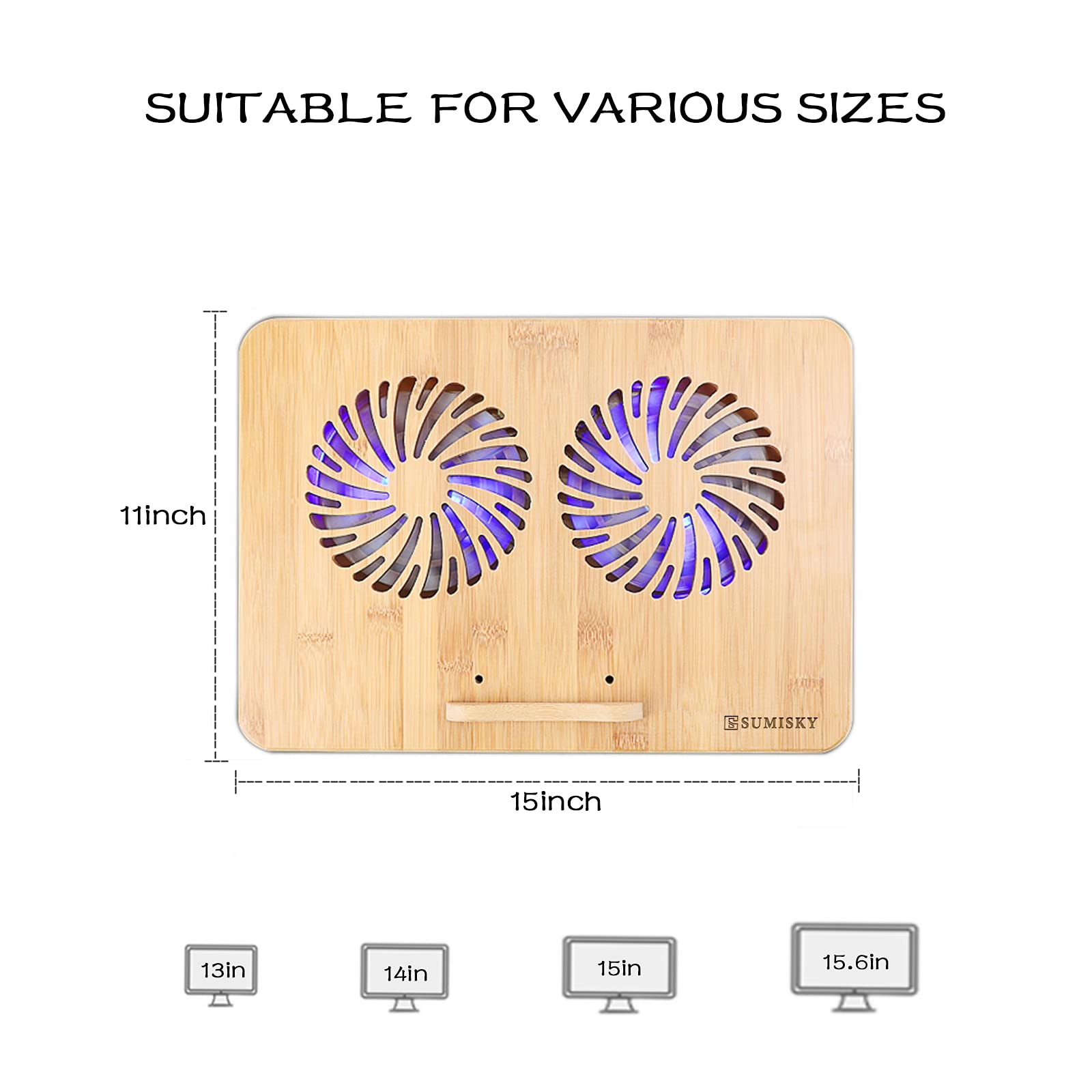 SUMISKY Bamboo Laptop Stand Cooling Pad with 2 Quiet Fans & USB Ports - Adjustable Ergonomic Computer Riser for Desk, Home Office, Gaming & Workstation Use