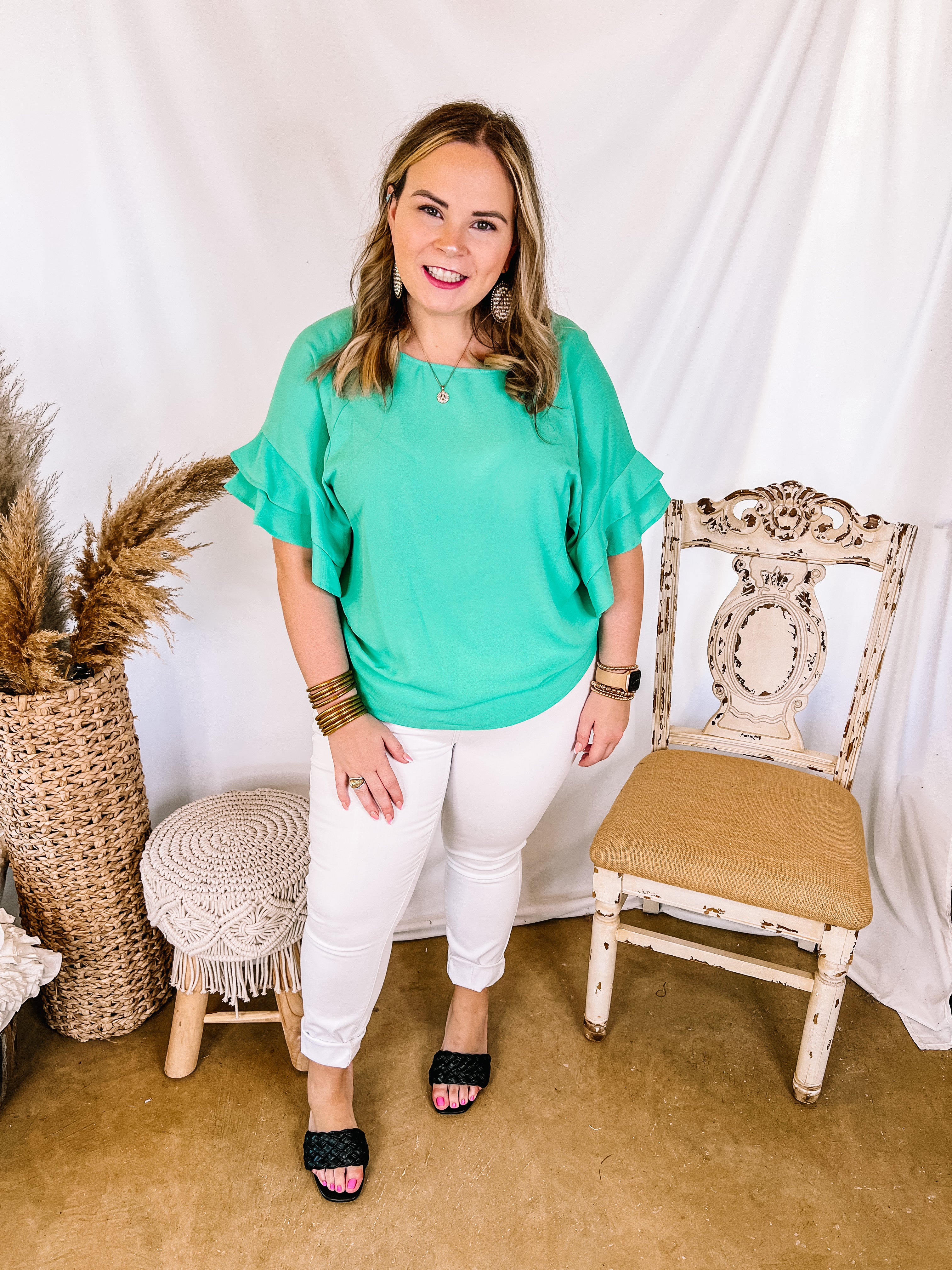 Stylish Mint Green Ruffle Sleeve Top for Women - Perfect for Spring Outfits & Casual Wear