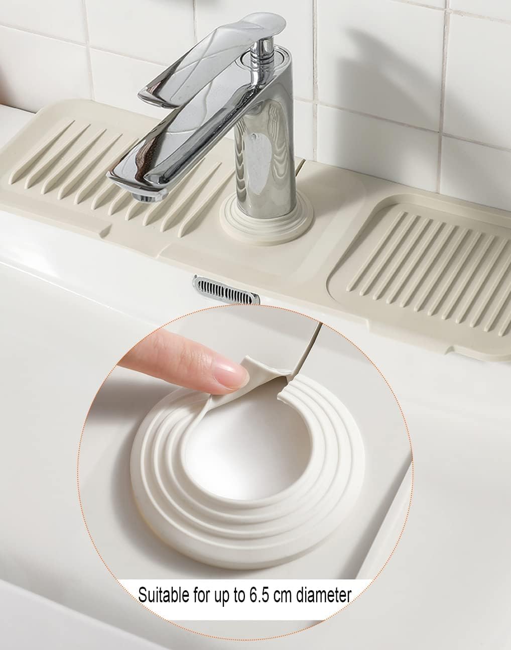Premium Silicone Faucet Mat & Dish Soap Sponge Holder - Non-Slip Kitchen Sink Accessory, Drying Mat for Countertops, Bathroom & Kitchen Sink Splash Guard (Beige White) | Perfect for Organizing, Drying Dishes & Protecting Surfaces from Water Damage
