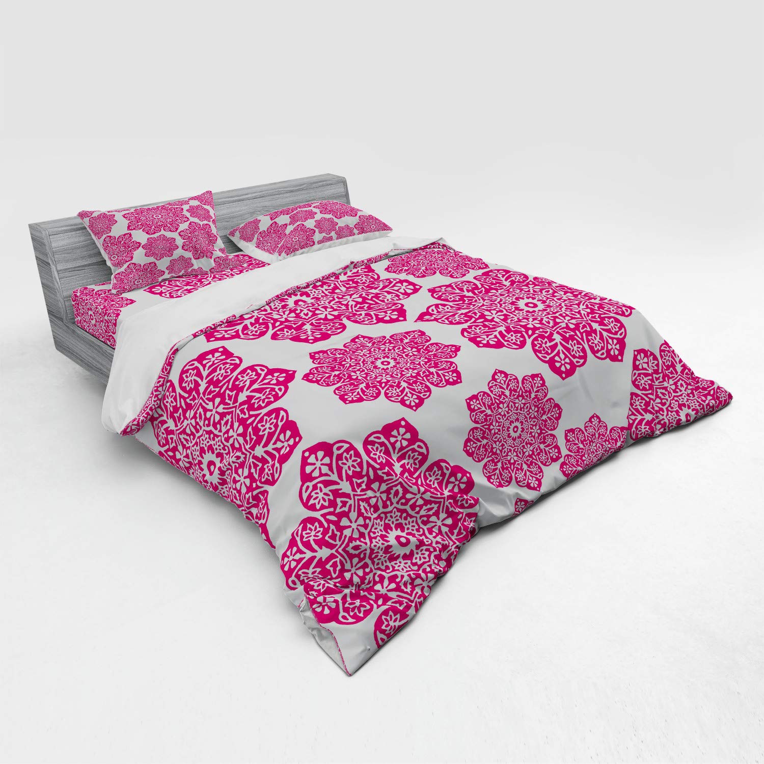Ambesonne Hot Pink Duvet Cover Set - King Size 4-Piece Batik Floral Mandala Bedding with Shams & Fitted Sheet | Eastern Design for Bohemian & Modern Bedrooms