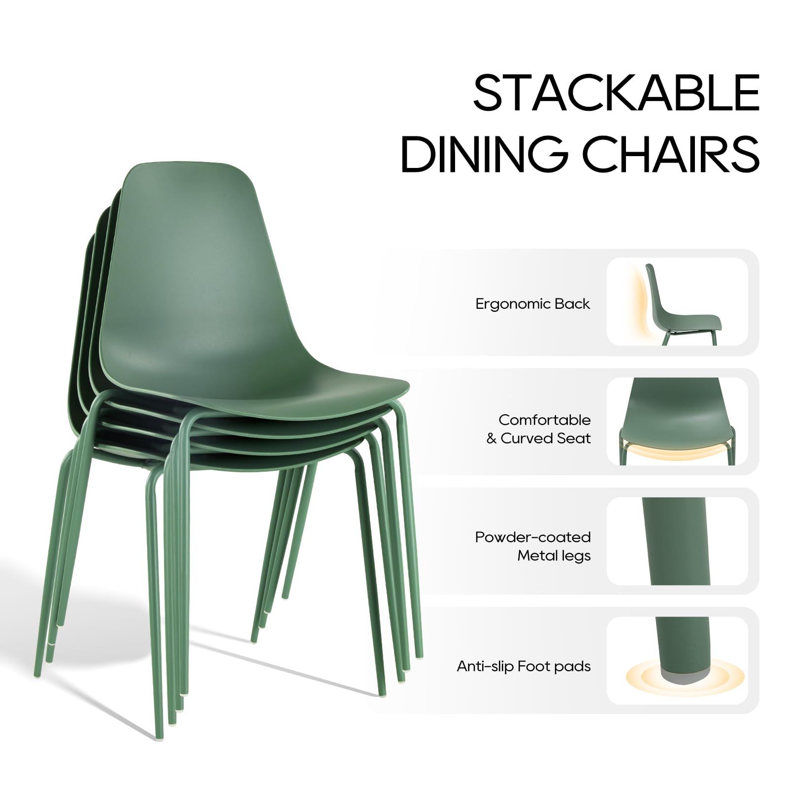 COLAMY Modern Dining Chairs Set of 4 - Stackable Plastic Kitchen Chairs with Sturdy Metal Legs for Indoor & Outdoor Use - Perfect for Dining Room, Bistro, Cafe, Patio & Restaurant Seating