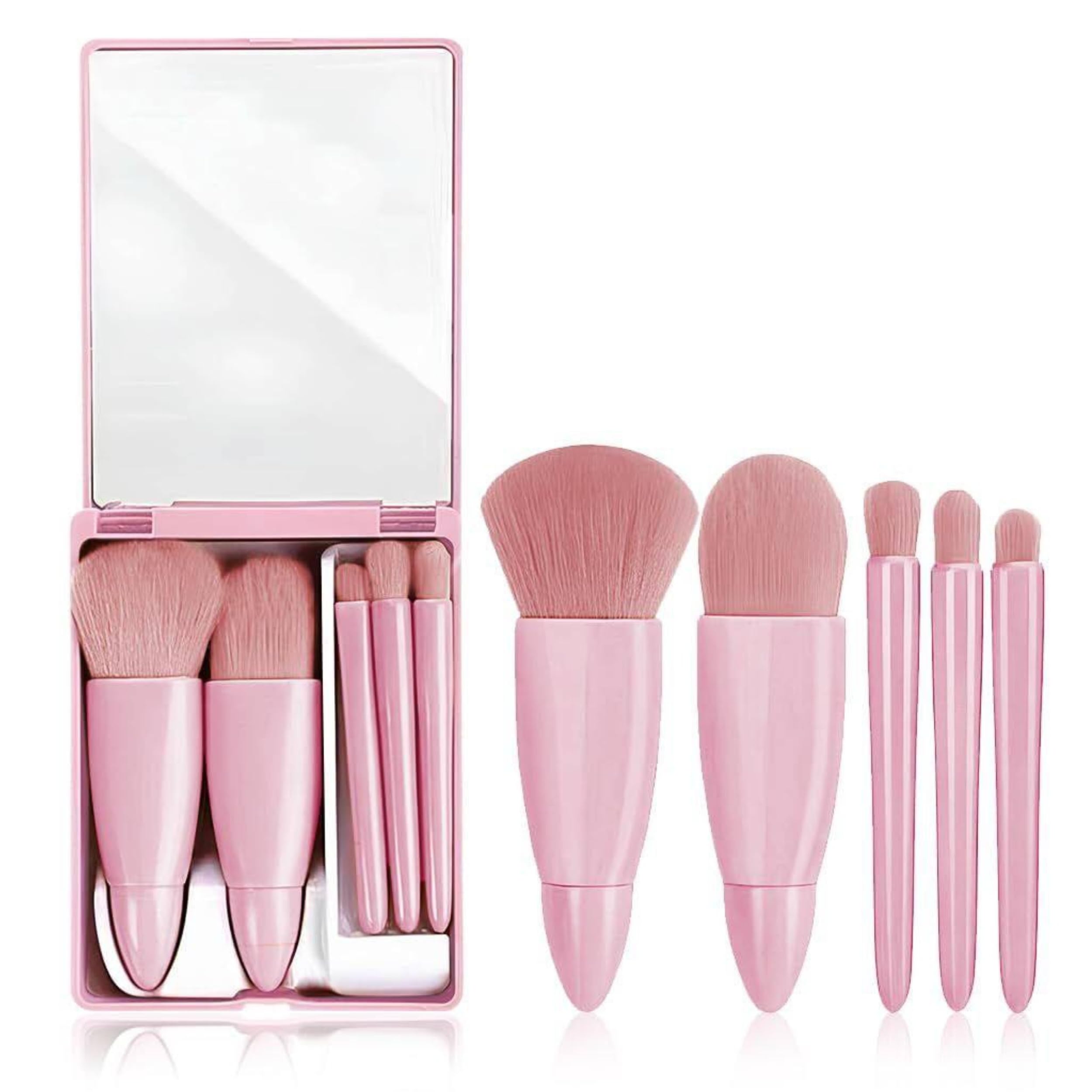 INCLUSSHOP® 5-Piece Professional Makeup Brush Set - Travel Friendly Small Cosmetic Brushes with Built-in Mirror & Brush Case - Perfect for Foundation, Eyeshadow, Powder & Blush - Portable Beauty Kit (Pink) | Ideal for On-the-Go Makeup, Travel Essentials & Everyday Beauty Routine