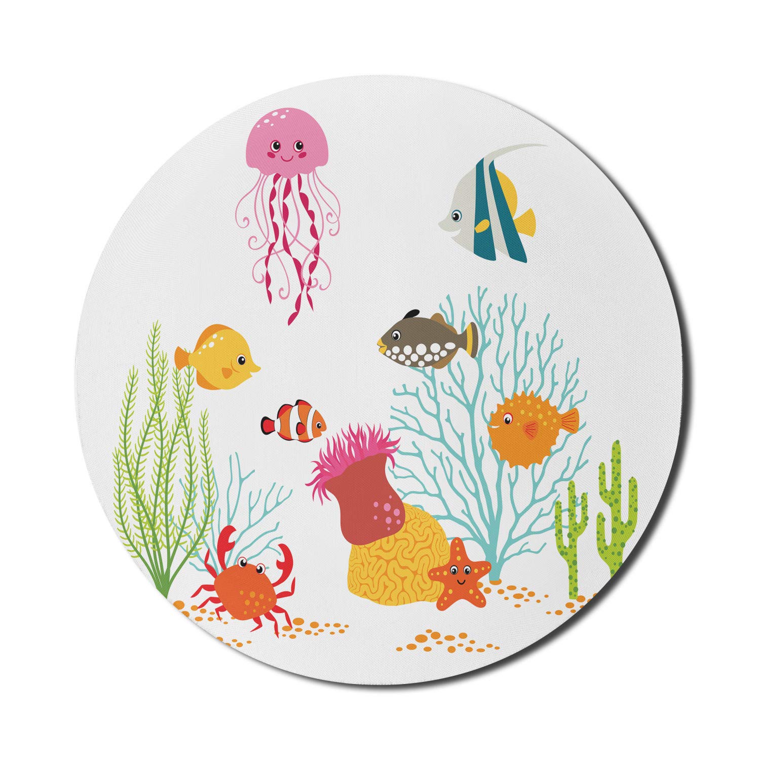 Ambesonne Ocean Themed Non-Slip Gaming Mouse Pad - 8 Inch Round Thick Rubber Mousepad with Cheerful Underwater Cartoon Design (Fish, Jellyfish, Coral) for Computer & Laptop - Perfect for Office, Gaming & Home Workspace Decor