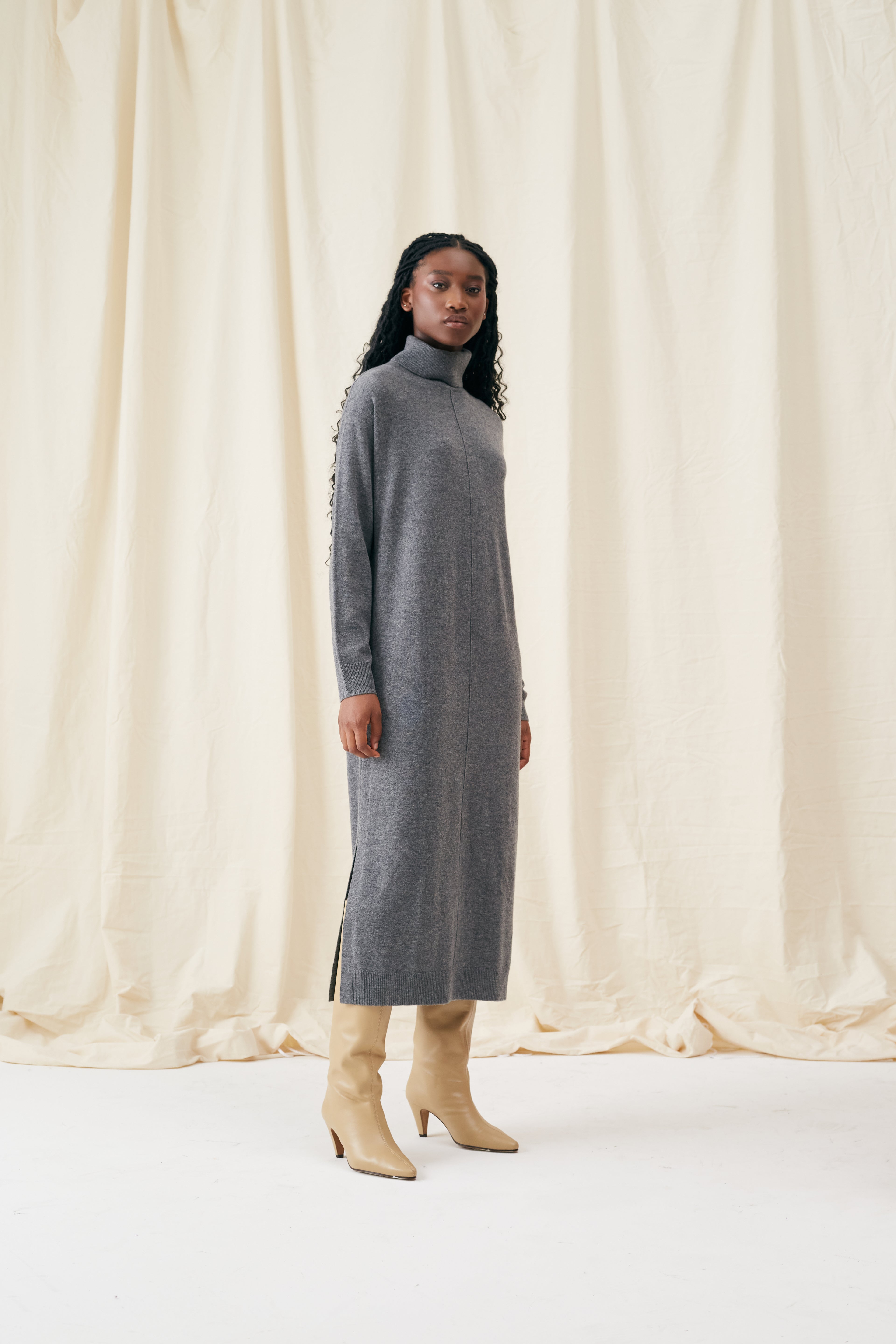 Luxury Grey Wool Cashmere Roll Neck Dress for Women - Soft & Warm Winter Pullover Sweater Dress - Perfect for Office, Parties & Holiday Outfits