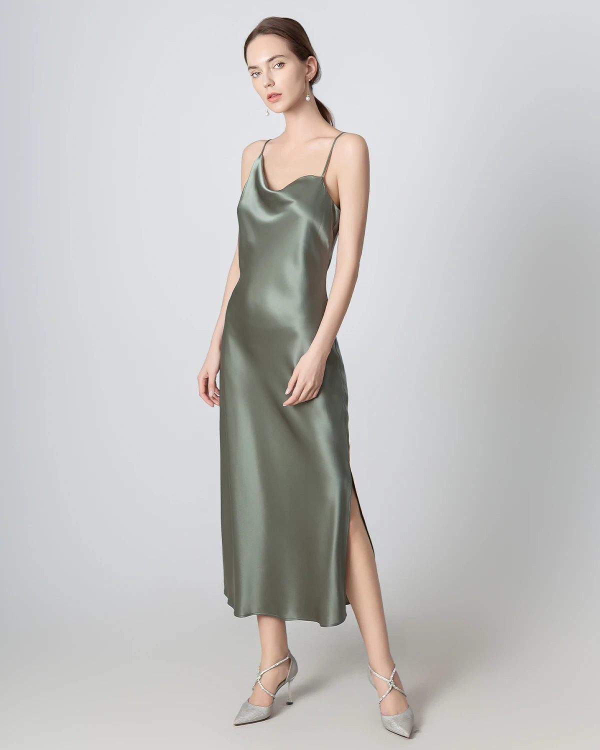 Elegant Slit Cowl Neck Midi Silk Dress for Women | Luxury Satin Evening Gown | Perfect for Cocktail Parties, Date Nights & Formal Events