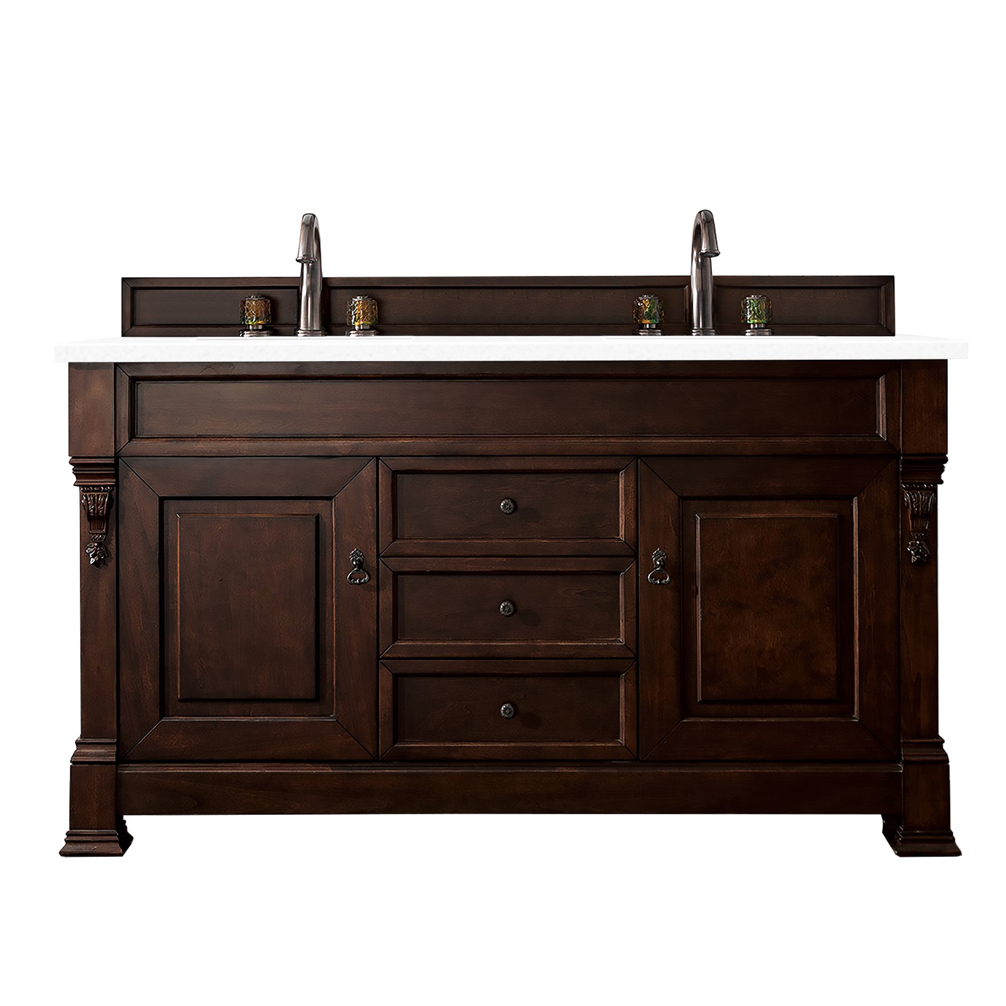 Brookfield 60-Inch Double Vanity with Burnished Mahogany Base & 3CM White Zeus Quartz Top - Perfect for Master Bathroom & Luxury Home Renovation