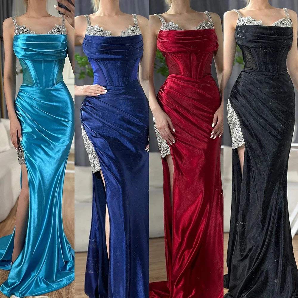 Elegant Dubai Saudi Arabic Wine Red Satin Evening Dress with Spaghetti Straps & High Slit - Formal Gown for Prom, Wedding & Special Occasions - LA72776