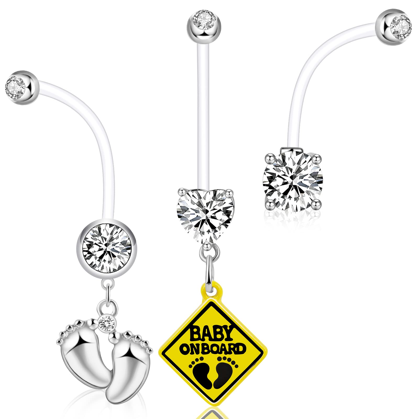 3 Pack 14G Flexible Maternity Belly Button Rings - 38mm Clear Long Bar Pregnancy Belly Rings for Women | Hypoallergenic, Cute & Comfortable | Perfect for Pregnancy, Healing Piercings & Active Lifestyles