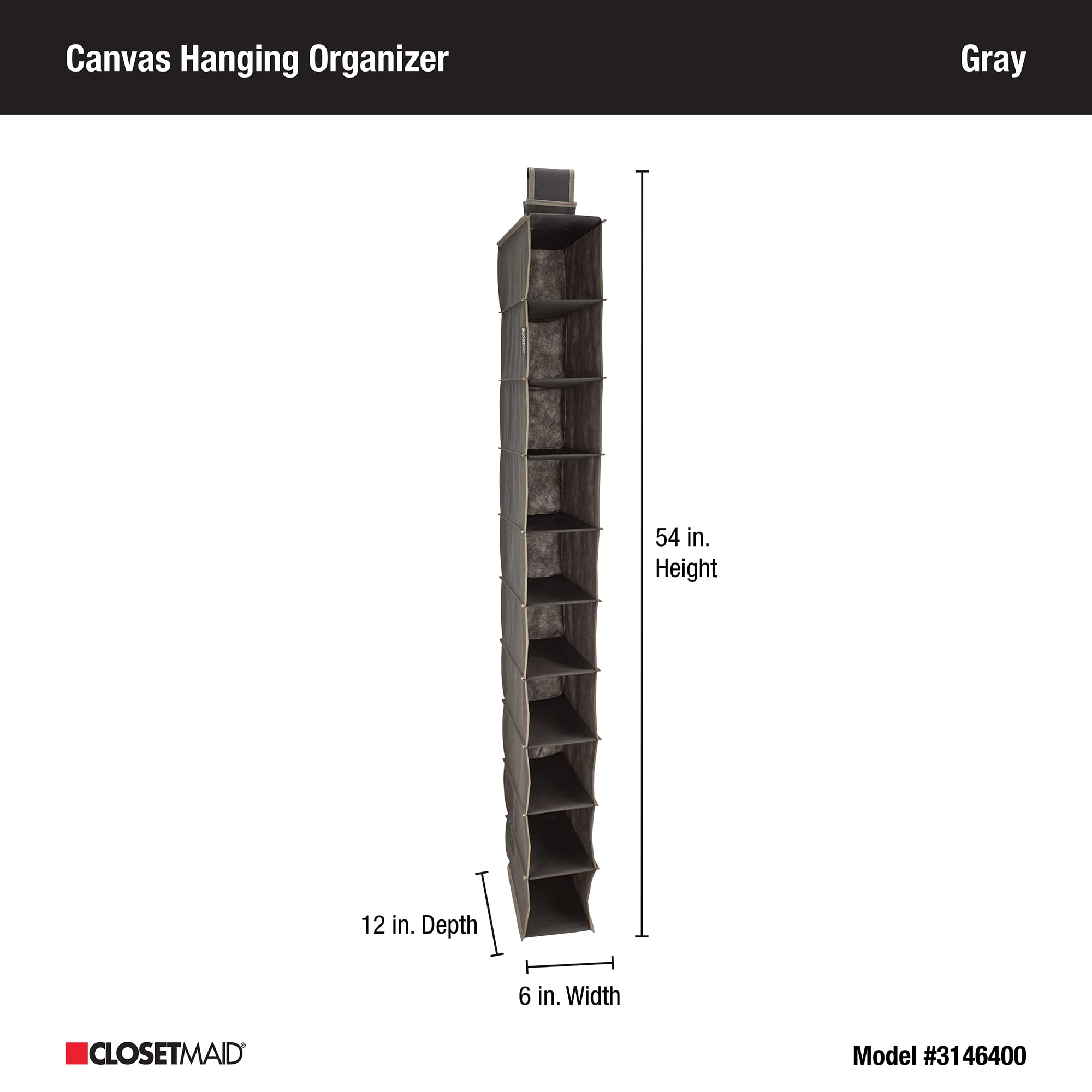 ClosetMaid 31464 10-Shelf Hanging Closet Organizer for Clothes & Accessories - Space Saving Storage Solution for Bedroom, Closet or Dorm - Gray