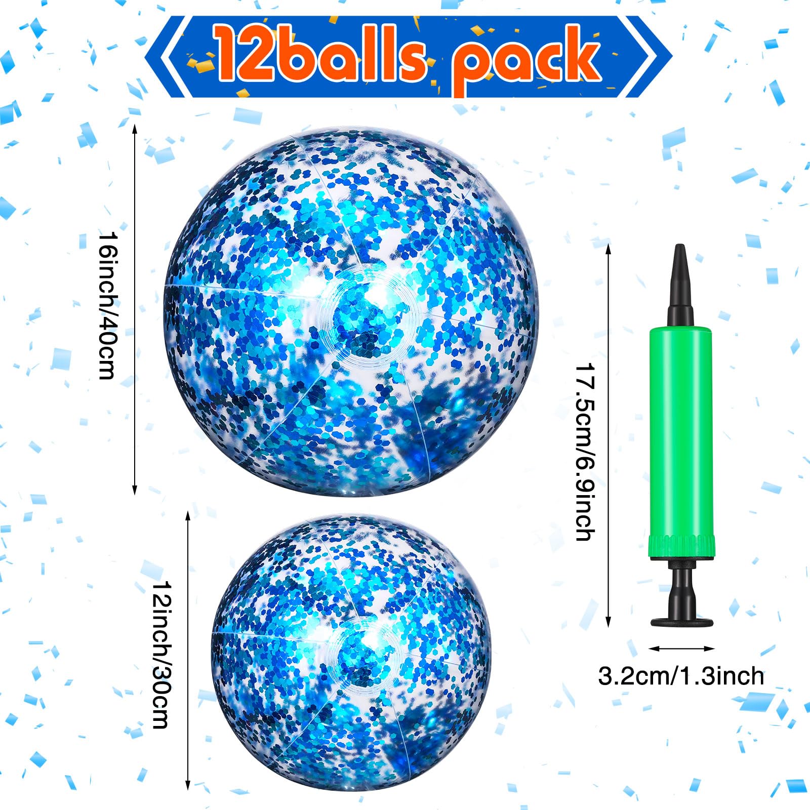 Lewtemi 12 Pcs Inflatable Glitter Beach Balls - 24 Inch & 16 Inch Clear Confetti Pool Balls, Jumbo Swimming Party Decorations for Summer, Outdoor Pool Parties, Birthday Favors, Kids Water Games (Blue)