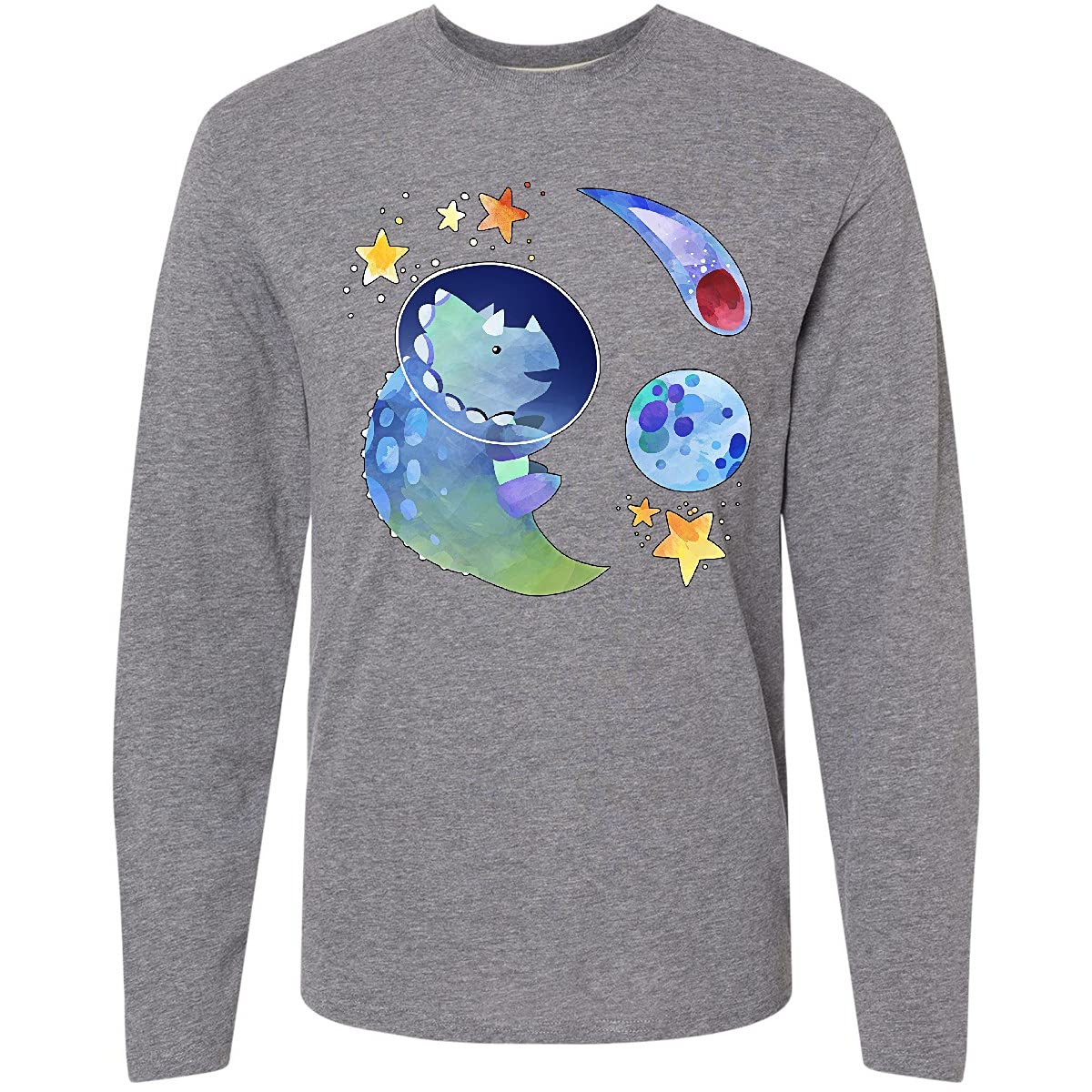 Inktastic Triceratops in Space with Planets and Stars - Dinosaur Graphic Long Sleeve T-Shirt for Men & Women - Perfect for Science Lovers, Astronomy Enthusiasts and Dino Fans
