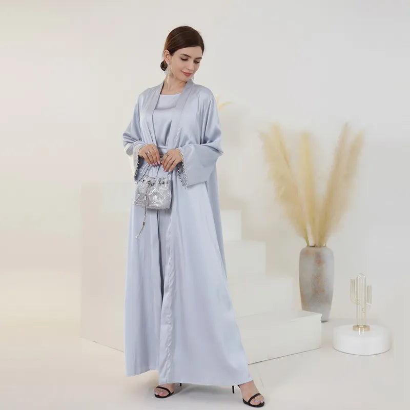 2-Piece Beaded Sleeve Satin Open Abaya Dress Set with Inner Sleeveless Dress - Elegant Muslim Women's Prayer Dress for Eid, Wedding & Special Occasions
