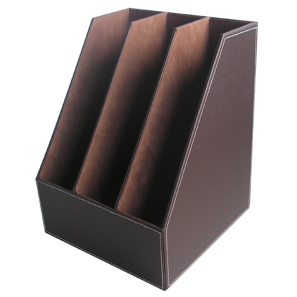 KINGFOM Wooden Leatherette Magazine File Holder - 3 Compartment Desktop Organizer for Office & Home, Paper Storage Box with Elegant Brown Finish - Perfect for Organizing Documents, Bills, and Office Supplies on Your Desk