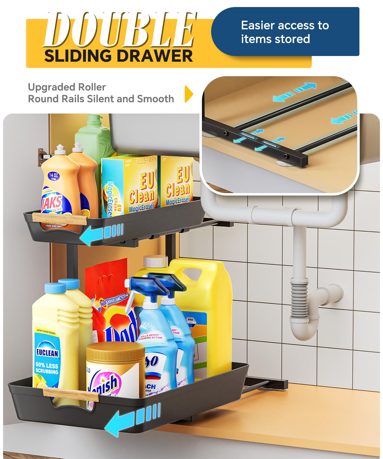 2-Tier Pull-Out Under Sink Organizer with Adjustable Height - Hollow Plastic Drawers for Kitchen & Bathroom Storage - Space Saving L-Shaped Cabinet Organizer (1 Pack, Black) - Perfect for Organizing Cleaning Supplies, Sponges & Toiletries Under Your Sink