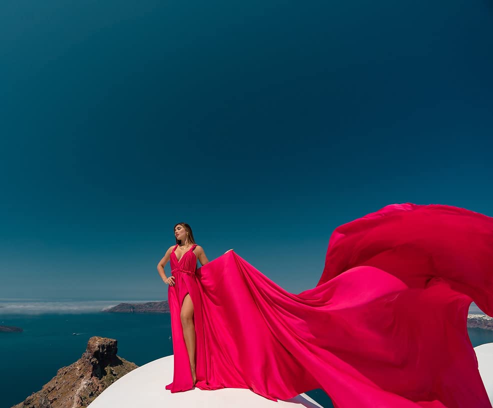 Elegant Long Flying Dress for Photoshoots - Flowy Satin Gown with Train | Santorini Photo Dress | Perfect for Beach Weddings, Maternity Photos & Vacation Photography