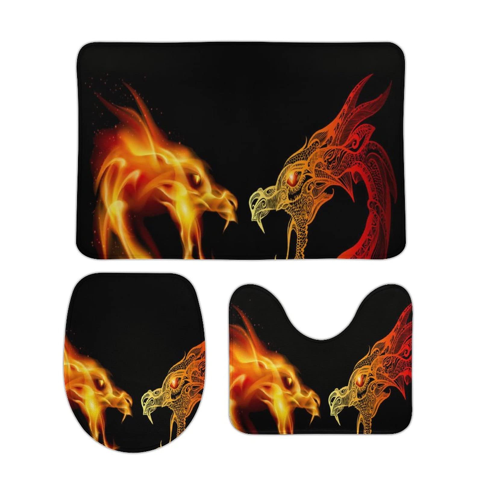 **Non-Slip 3-Piece Bathroom Rug Set with Dragon Design – Fire Coral Velvet Floor Mat, U-Shaped Toilet Mat & Lid Cover – Soft & Absorbent for Bathroom, Toilet & Laundry Room**