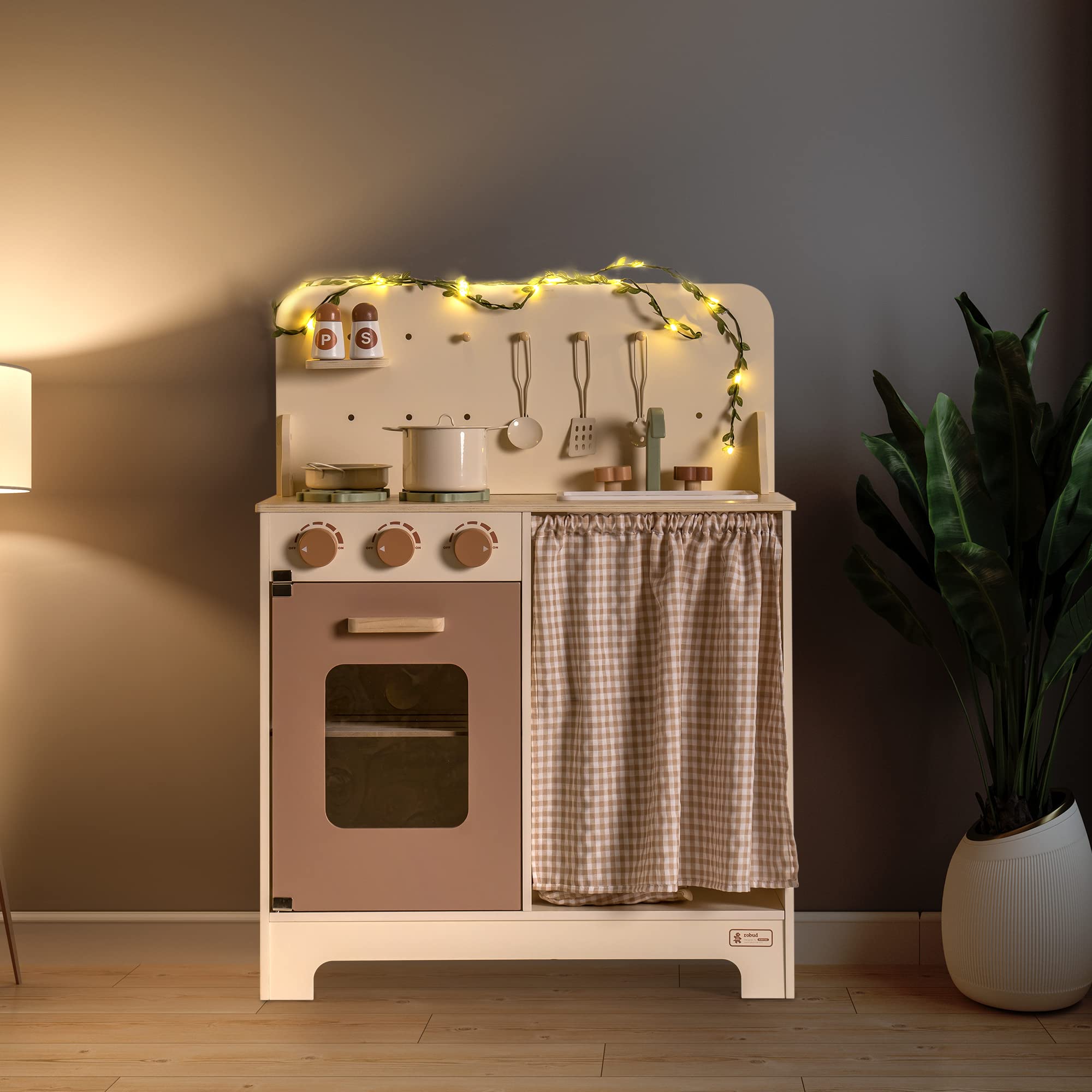 ROBOTIME Rustic Wooden Play Kitchen Set for Kids - Pretend Play Kitchen with Leaf Light String, Apron, and Gloves, Perfect for Toddlers 3+ (Rustic Style) - Ideal for Home, Preschool, and Daycare Pretend Play