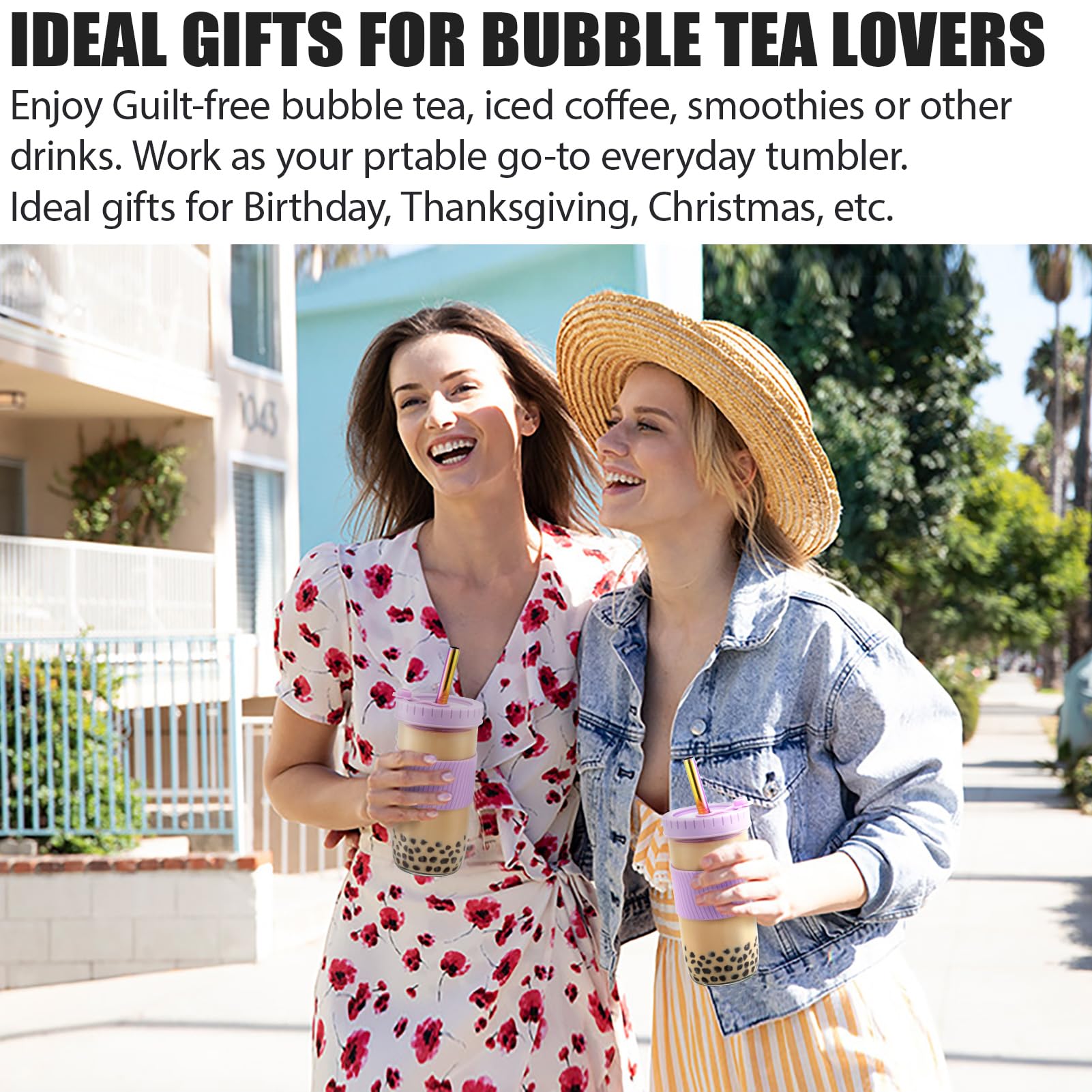 Eco-Friendly 24oz Glass Mason Jars with Lids & Straws - 2 Pack Reusable Wide Mouth Smoothie Cups, Leakproof Bubble Tea Tumblers with Silicone Sleeves - Perfect for Iced Coffee, Juice, Travel & Large Pearl Boba Drinks
