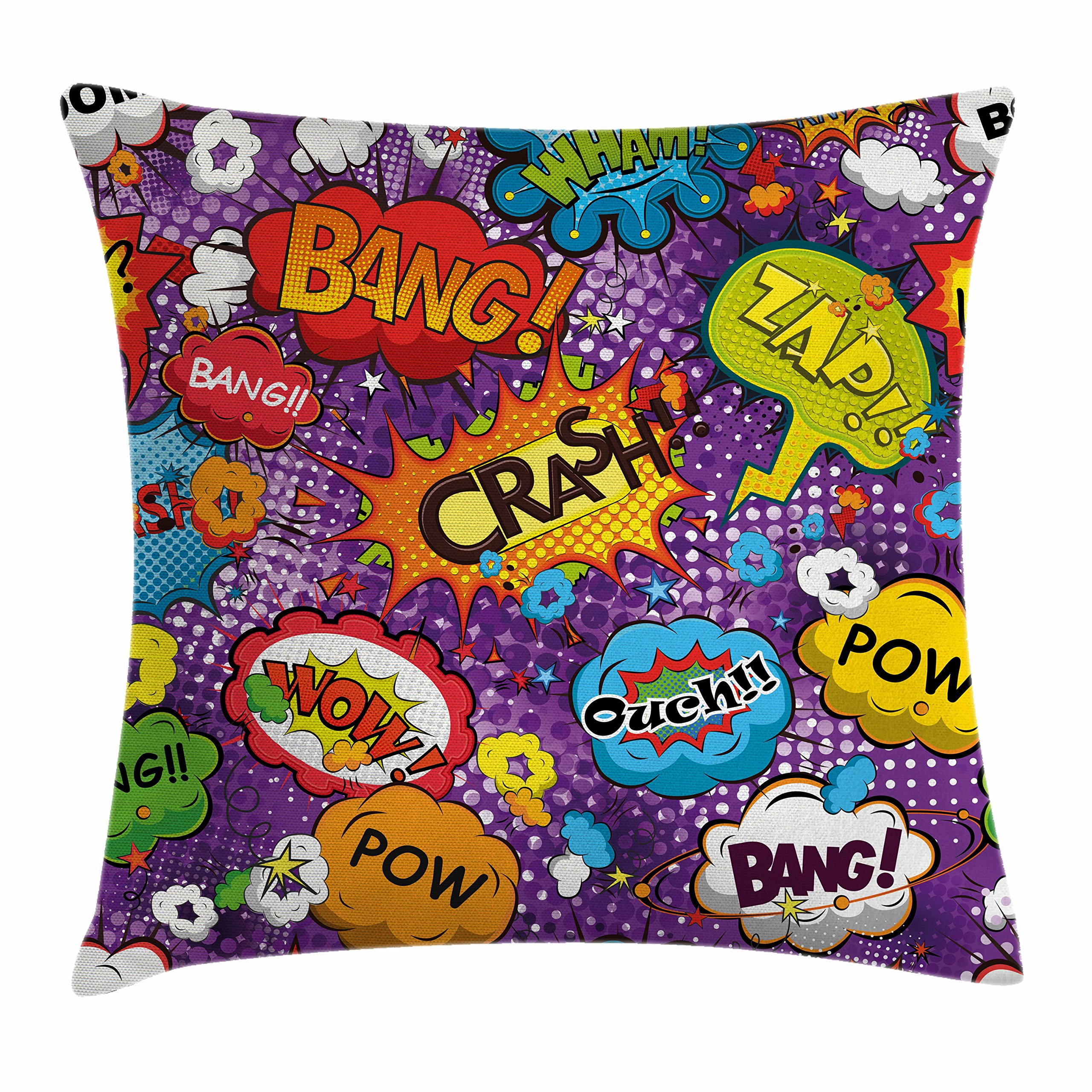 Retro Comic Book Speech Bubble Throw Pillow Cover - 26x26 Inch Humorous Pop Art Square Cushion Case - Multicolor Fun Home Decor for Living Room, Bedroom & Office