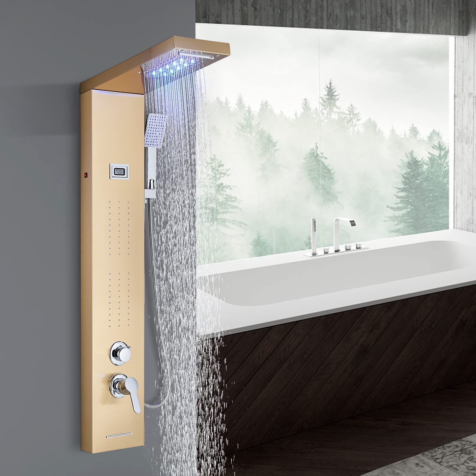 FCOTEEU Luxury Shower Panel System with LED Temperature Display - Rainfall Shower Head, Handheld Shower, Body Massage Jets & Tub Spout - Wall Mounted Brushed Gold Shower Column for Spa-Like Bathroom Experience