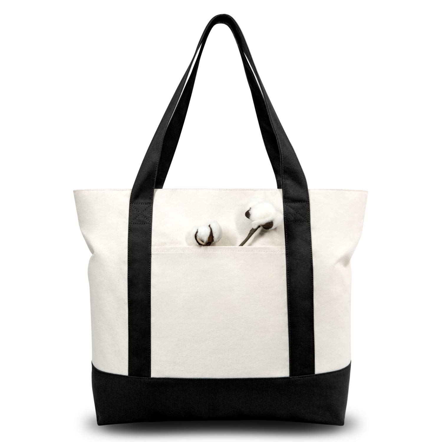 TOPDesign 30-Pack Canvas Tote Bags with External Pocket - Reusable Grocery Shopping Bags with Top Zipper Closure for Daily Essentials (Black/Natural) - Perfect for Grocery Shopping, Beach Trips & Work Commute